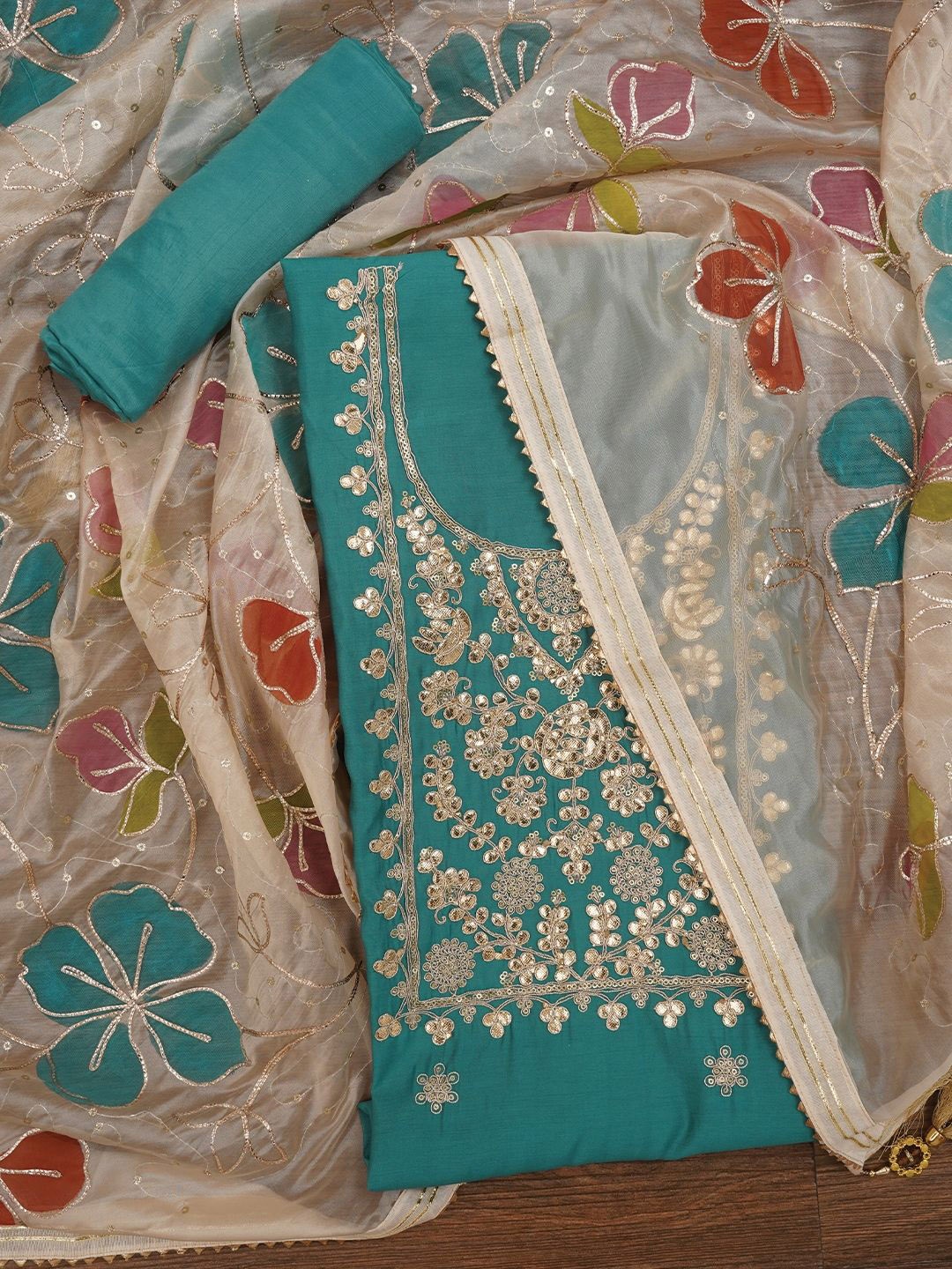 

Jaipur Kurti Floral Printed Embroidered Pure Silk Dress Material with Dupatta, Teal