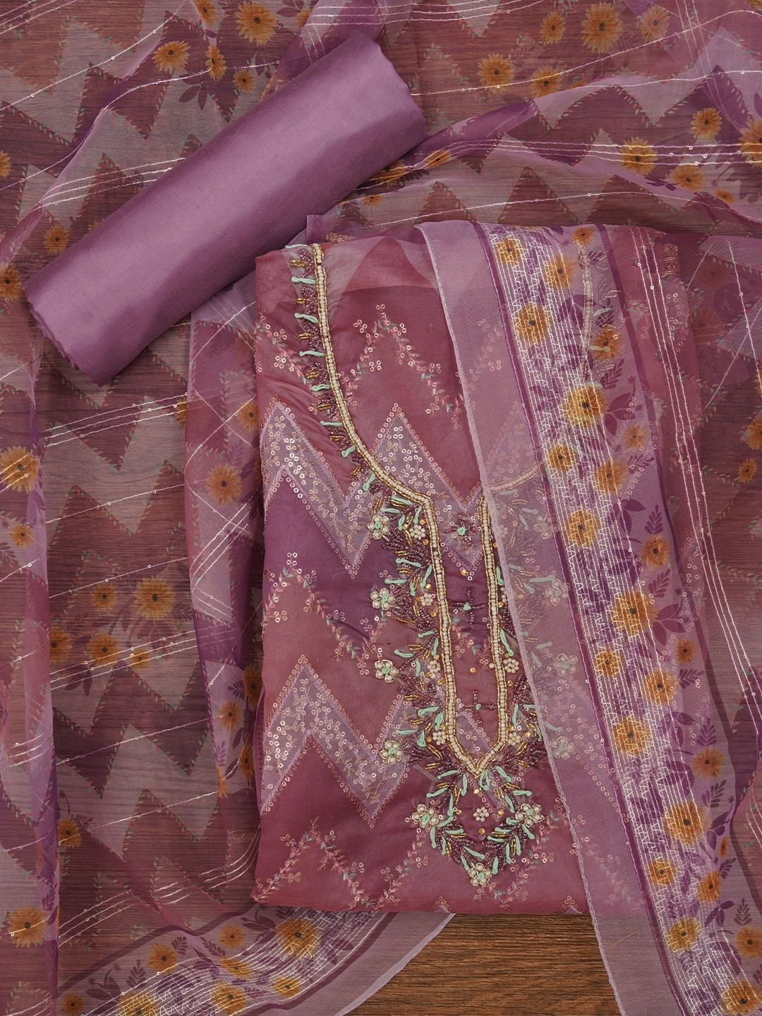 

Jaipur Kurti Sequin Embroidered Organza Dress Material with Dupatta, Purple
