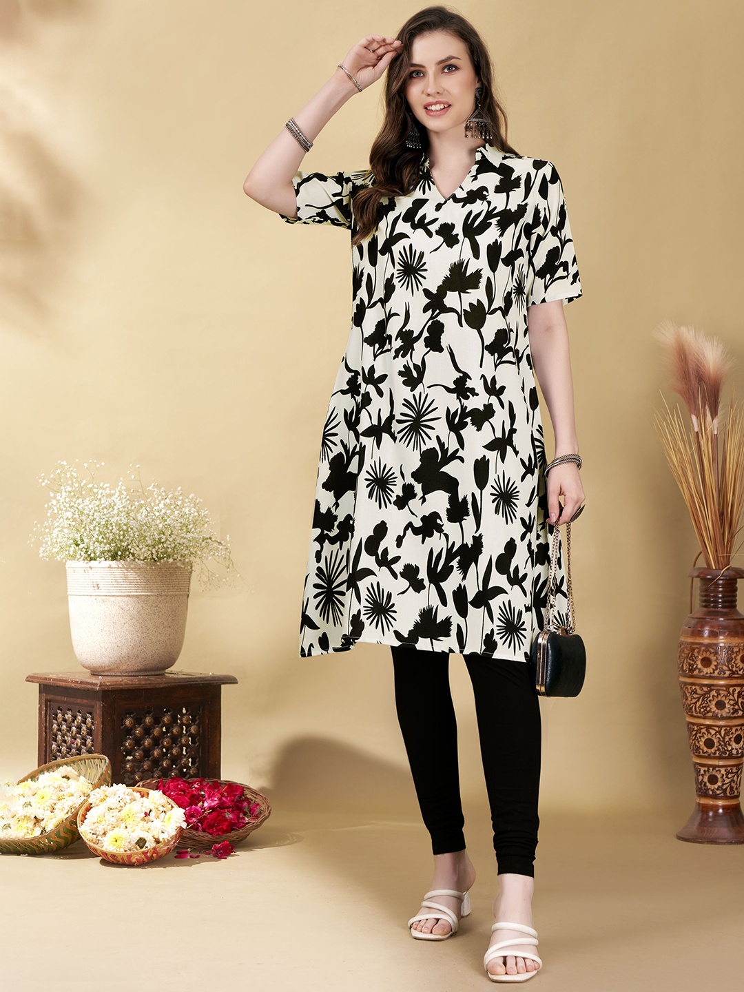 

Anouk Rustic Floral Printed Shirt Collar A-Line Kurta, White