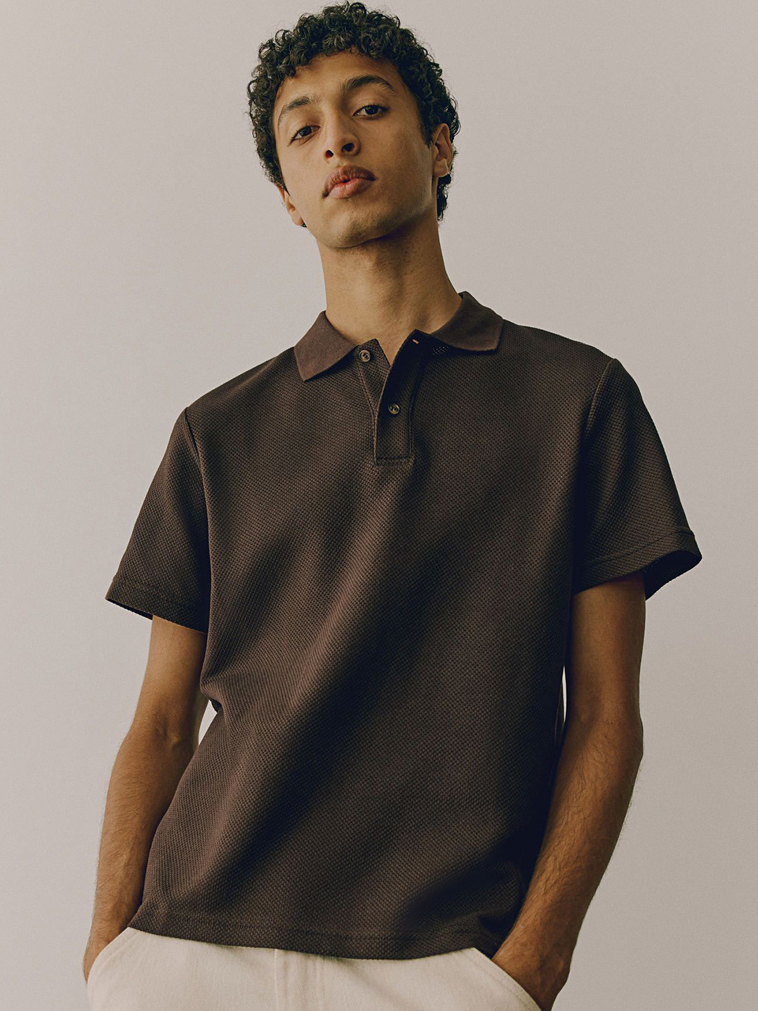 

H&M Textured-Knit Polo Tshirts, Brown