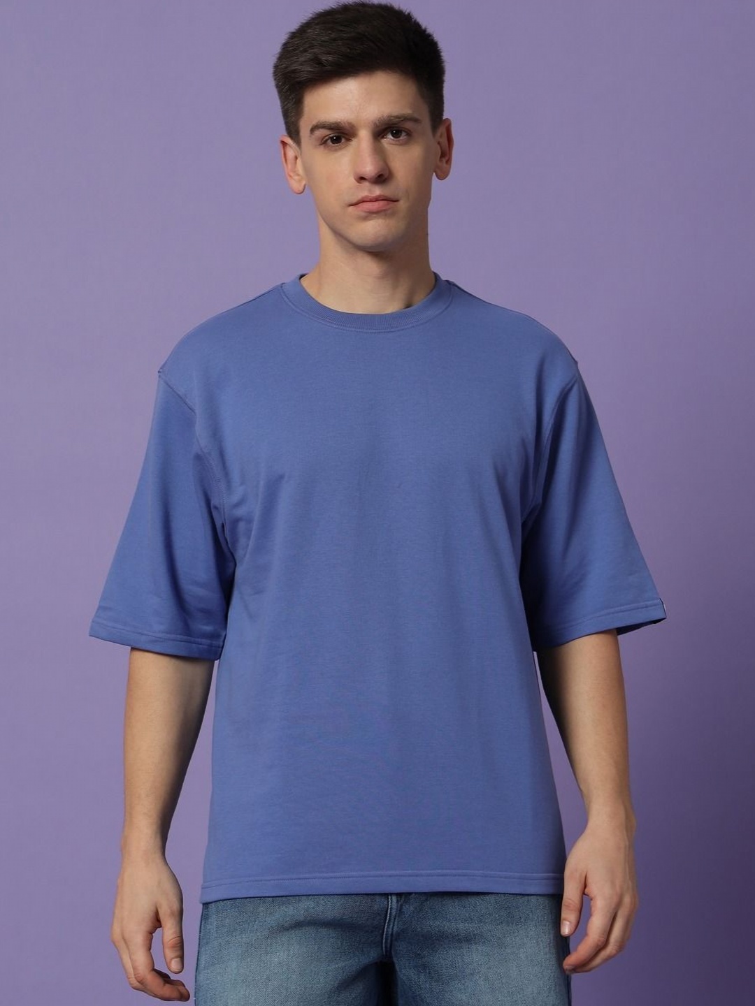 

PockMAN Men Bio Finish Solid Round Neck Pure Cotton Oversized T-shirt, Blue