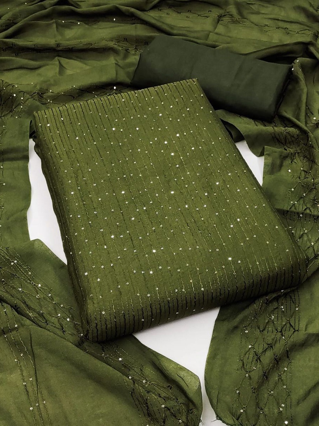 

JULEE Embellished Sequinned Unstitched Dress Material, Olive