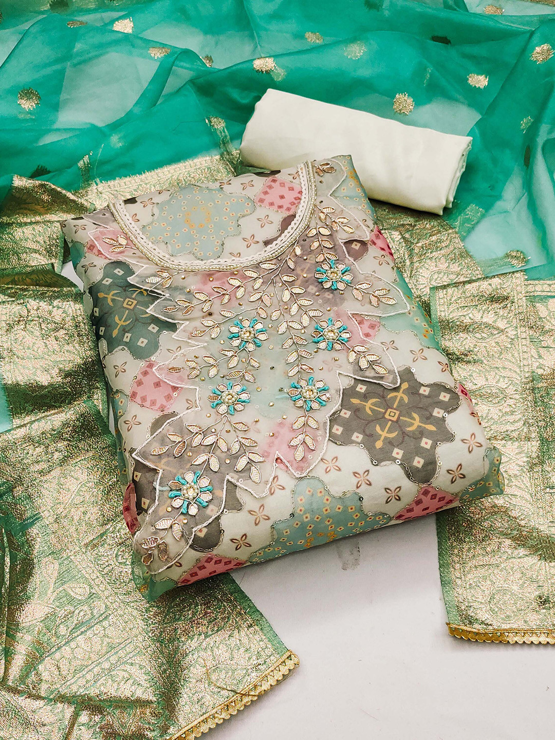 

KIMISHA Embellished Organza Unstitched Dress Material, Green