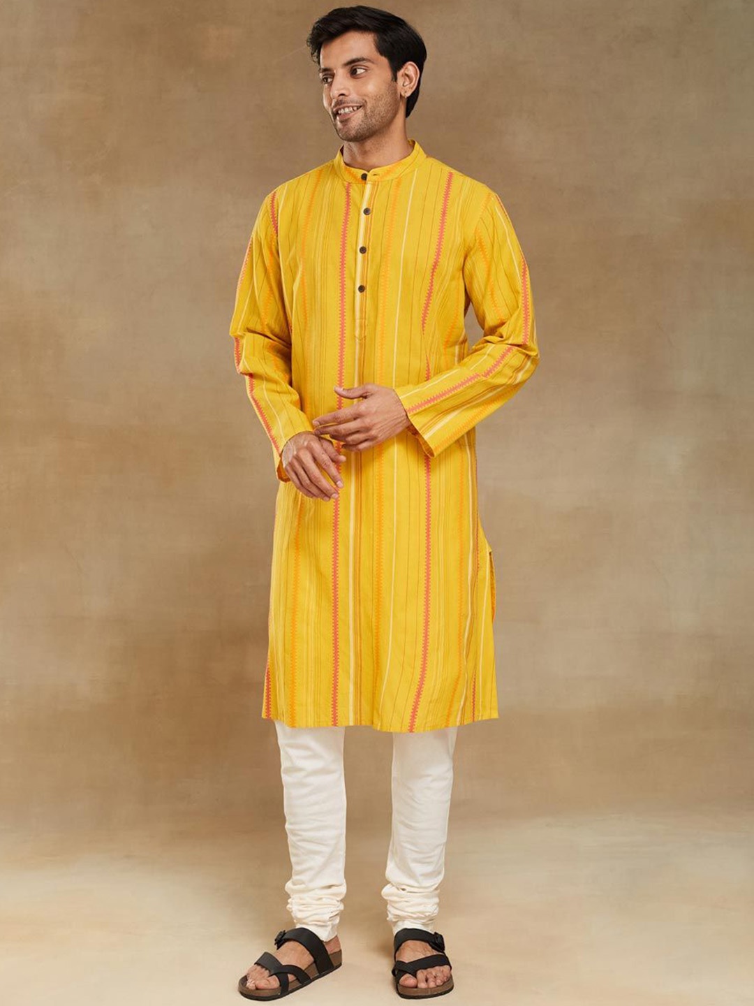 

Fabindia Striped Band Collar Cotton Straight Kurta, Yellow