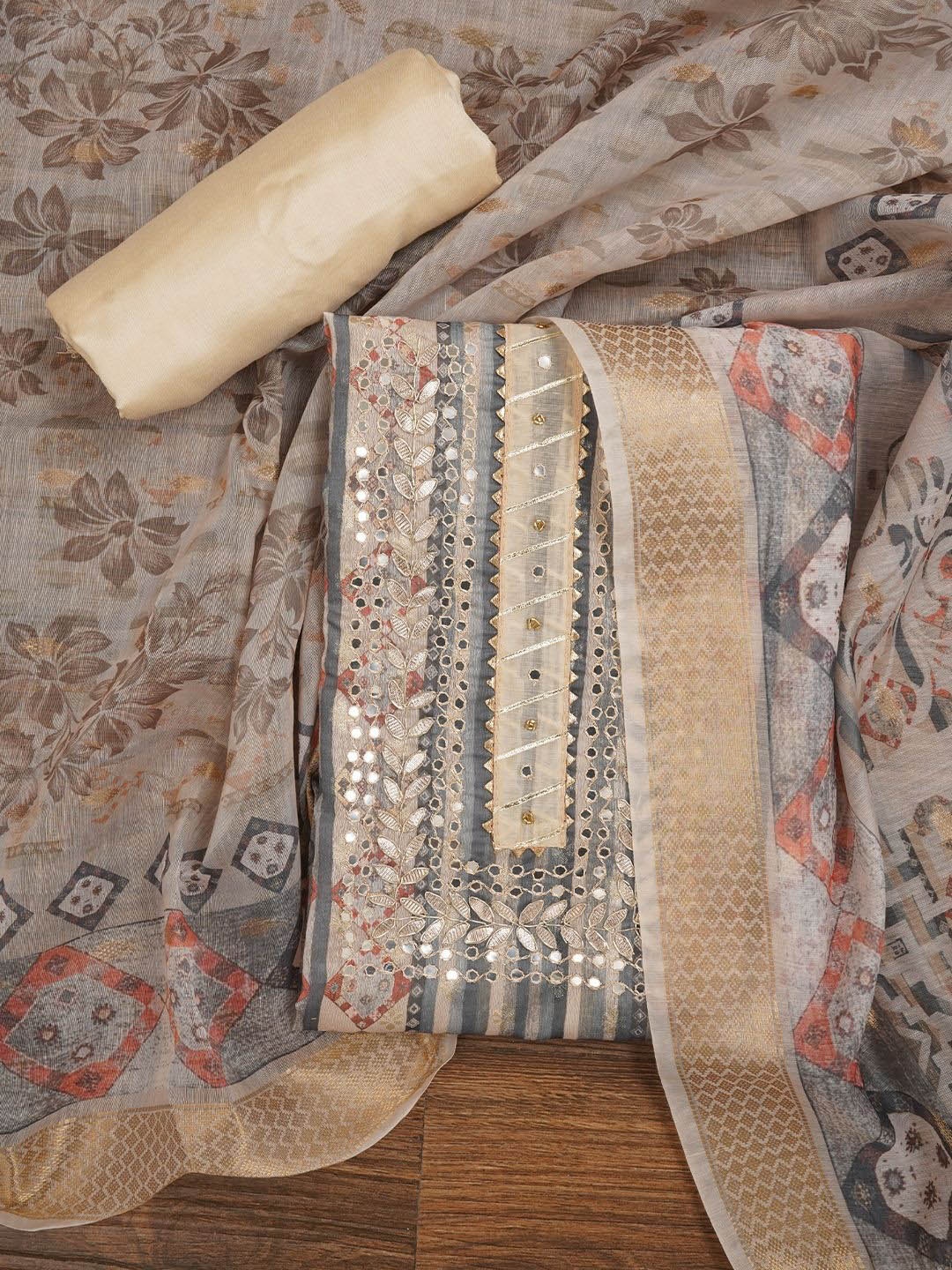 

Jaipur Kurti Festive Silk Blend Zari Dress Material With Dupatta, Beige