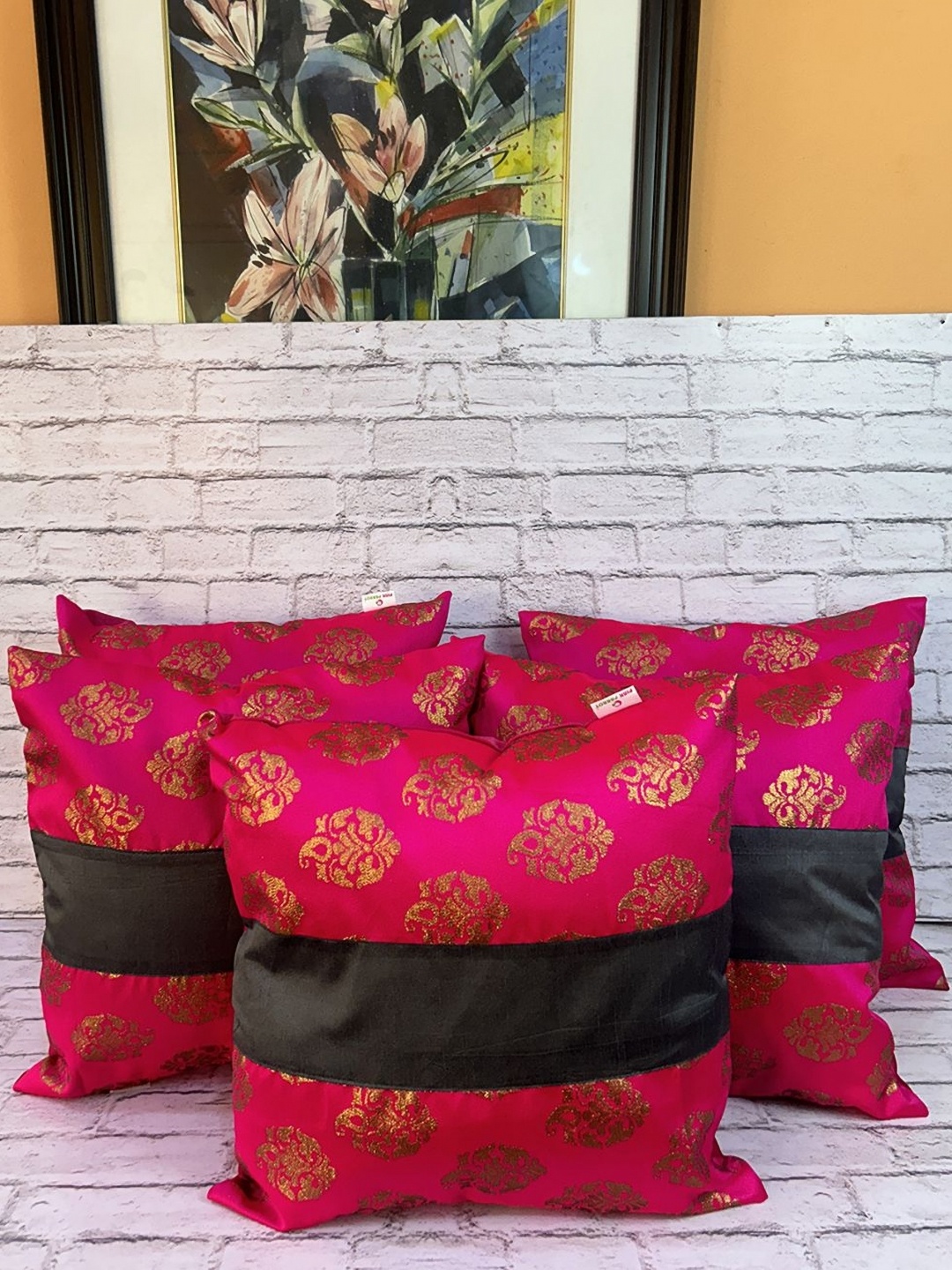 

Pink Parrot Pink & Black 5 Pieces Ethnic Motifs Woven Design Zari Square Cushion Covers