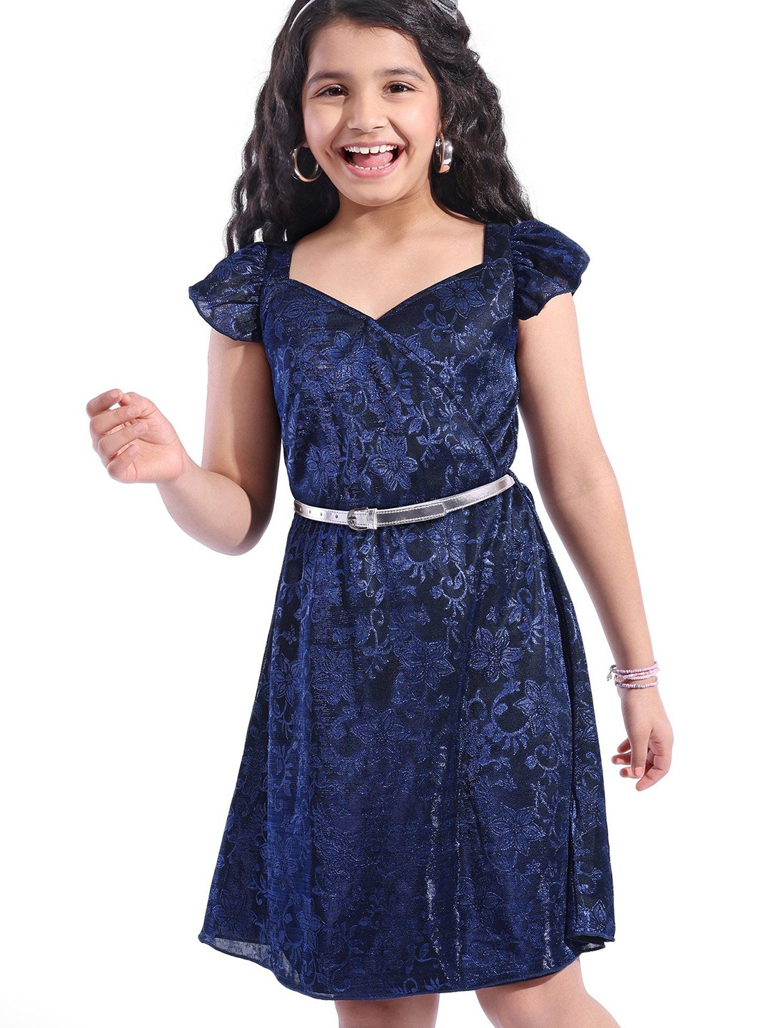 

Hola Bonita Girls Floral Print A-Line Glitter Party Dress, Navy blue