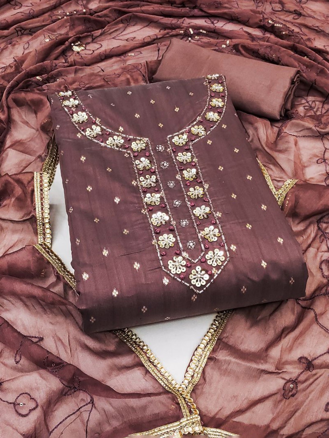 

ASISA Embroidered Beads and Stones Unstitched Dress Material, Brown