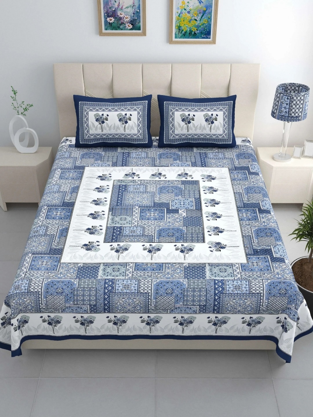 

LIVING ROOTS Blue Ethnic Motifs Printed 210 TC Cotton King Bedsheet with 2 Pillow Covers