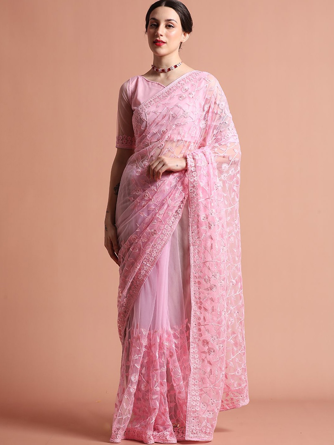 

Jaipur Kurti Party Wear Floral Embroidered Net Saree, Pink