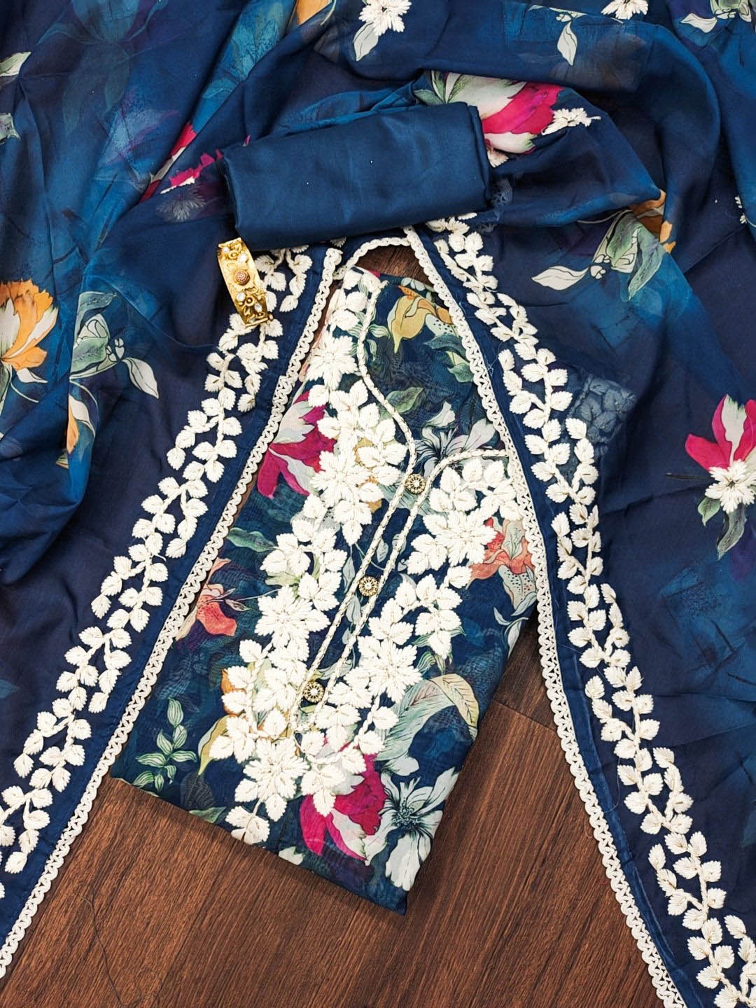 

Maroosh Floral Embroidered Unstitched Dress Material, Navy blue