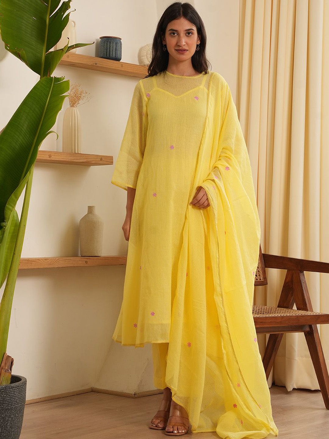 

OneWe Jane Floral Embroidered Thread Work A-Line Kurta With Trousers & Dupatta, Yellow