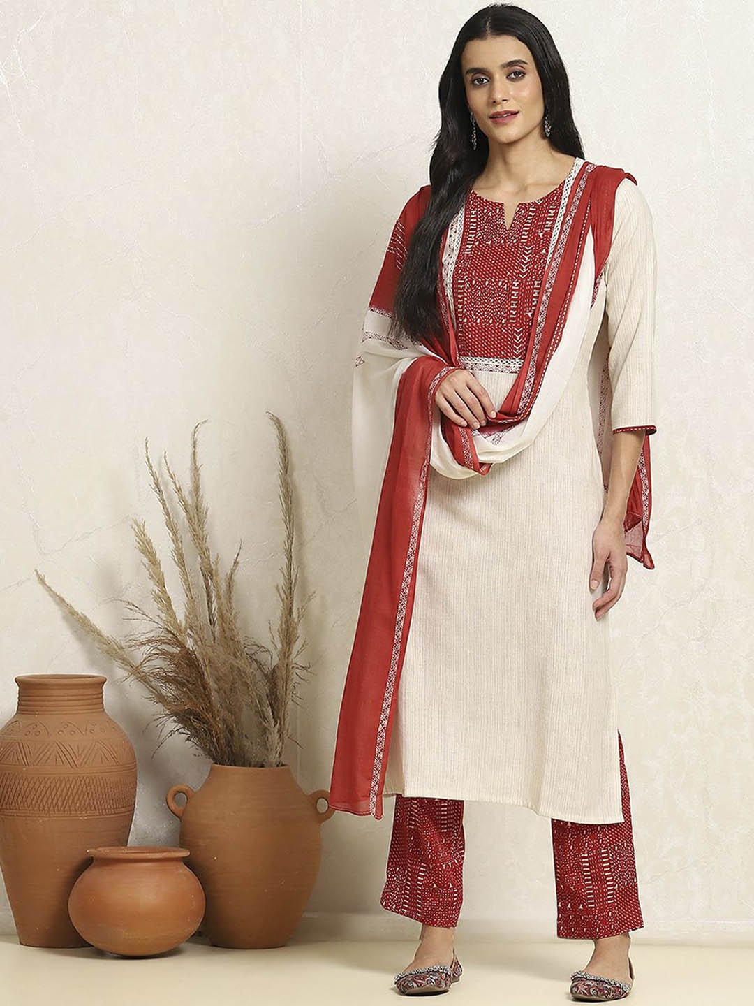 

Biba Geometric Printed Unstitched Dress Material, Red