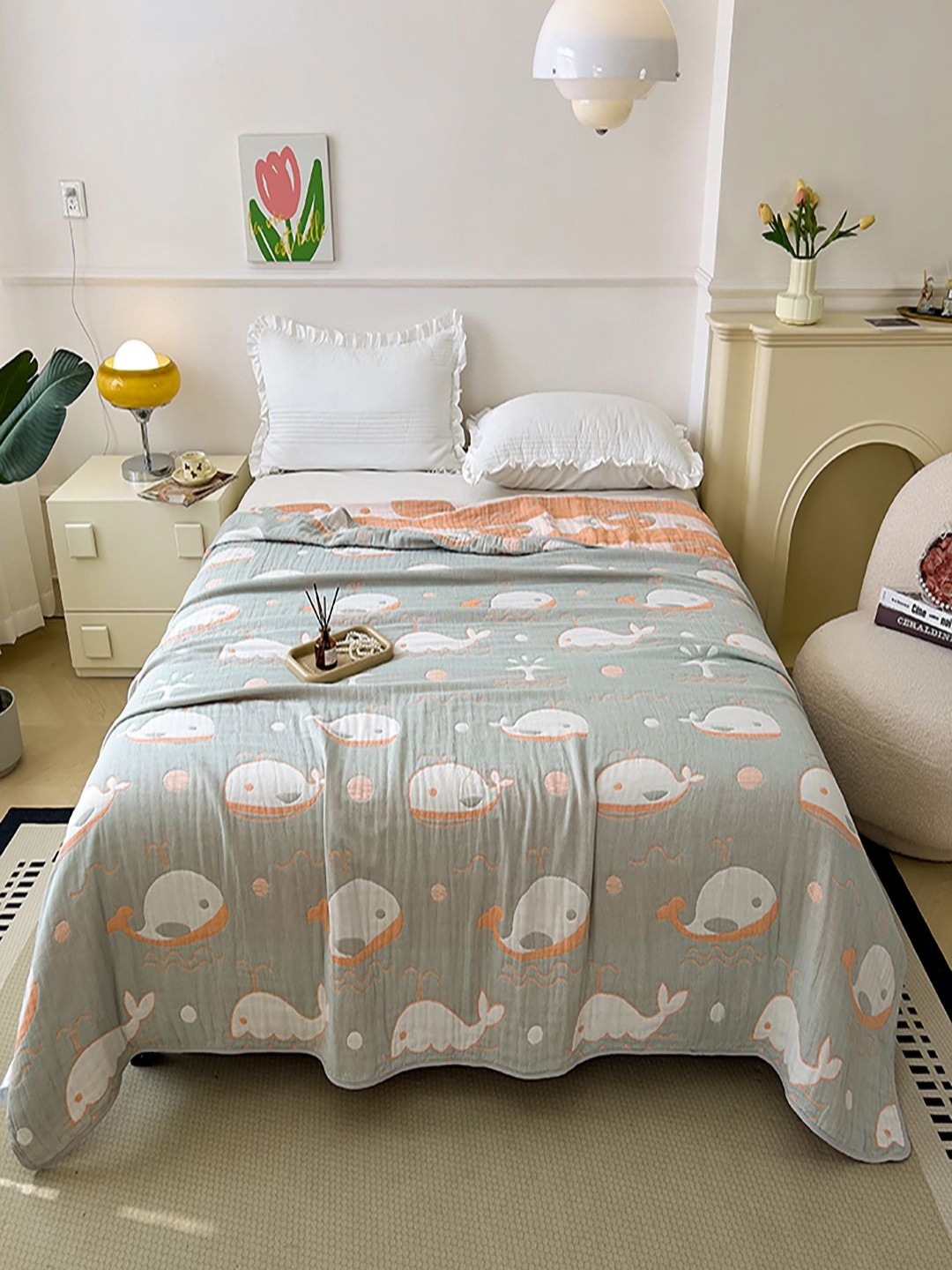 

JC HOME Grey & Orange Colored Printed Pure Cotton AC Room 350 GSM Single Bed Quilt