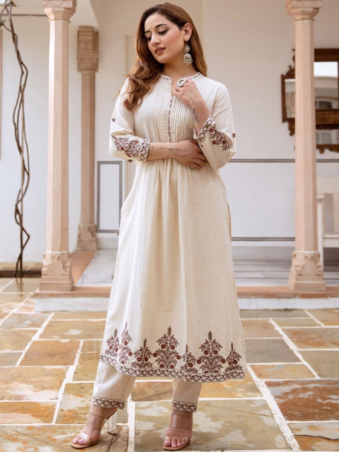 

AUTUMN LANE Floral Embroidered Pure Cotton A-Line Kurta With Trouser, White