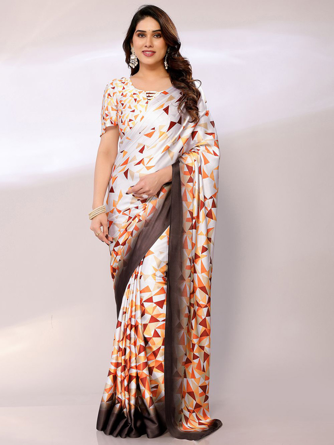

FABMORA Satin Saree, White