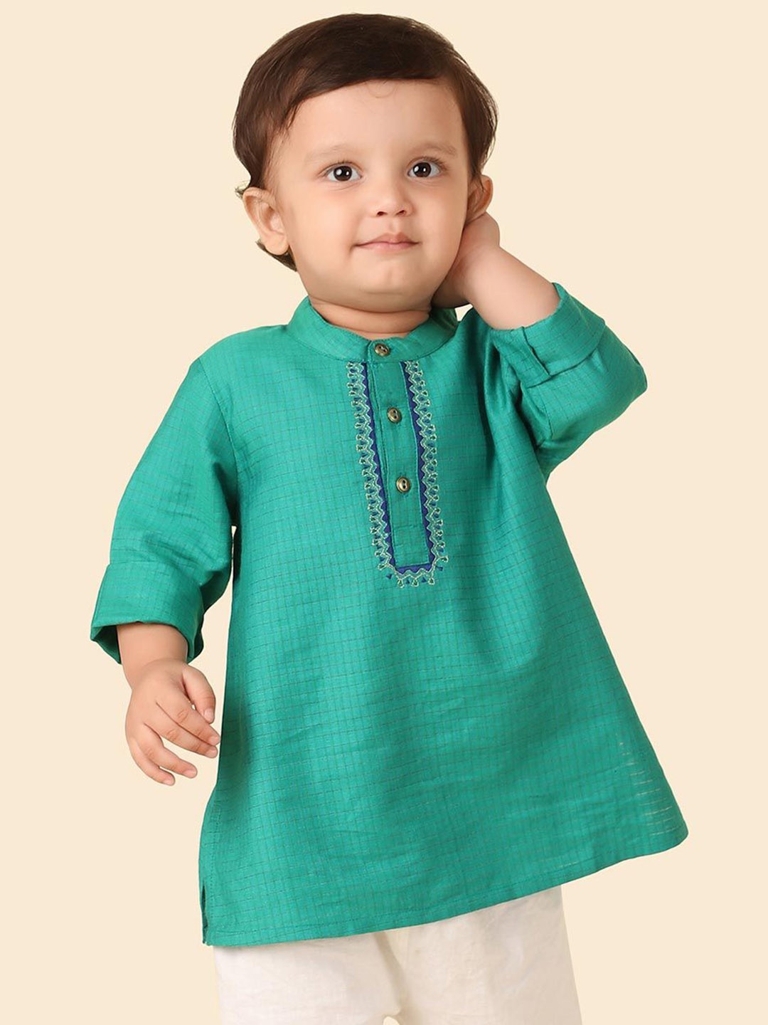 

Fabindia Boys Checked Band Collar Straight Short Kurta, Teal