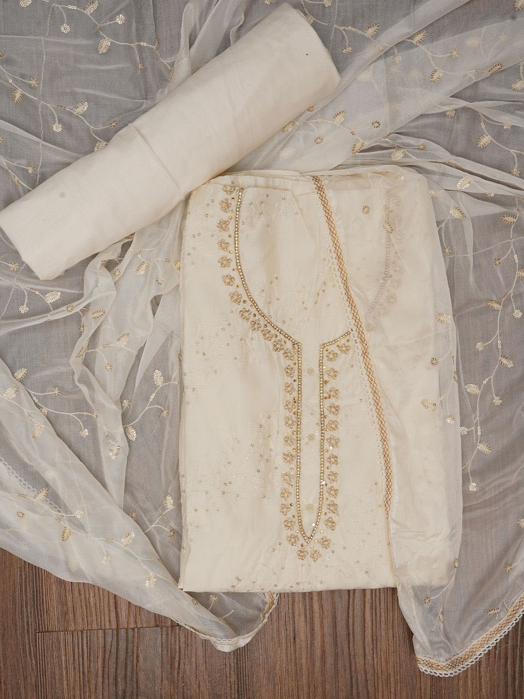 

Jaipur Kurti Sequin Embroidered Pure Cotton Dress Material with Dupatta, White