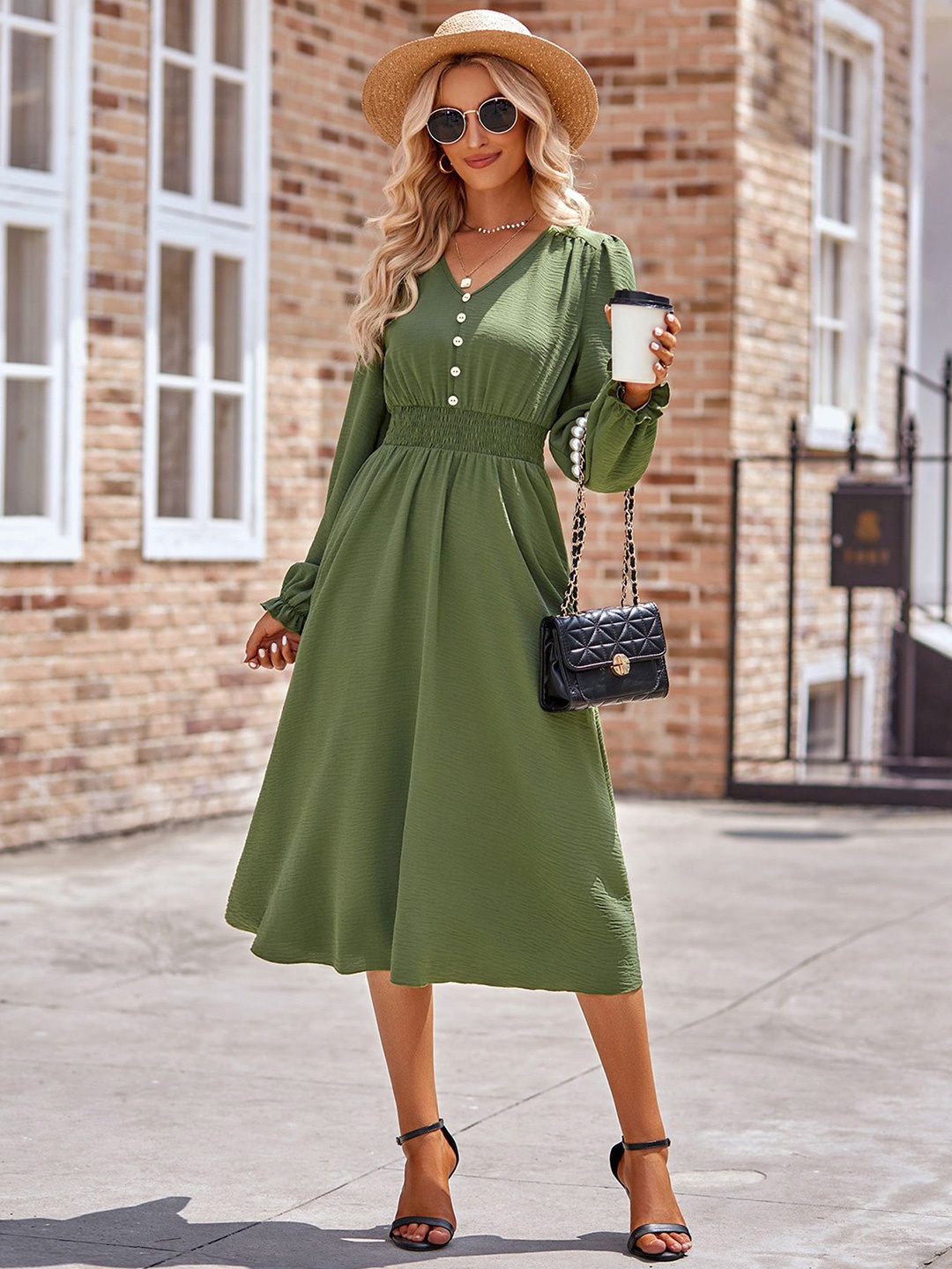 

StyleCast x Revolte Solid Fit & Flare Midi Dress, Green