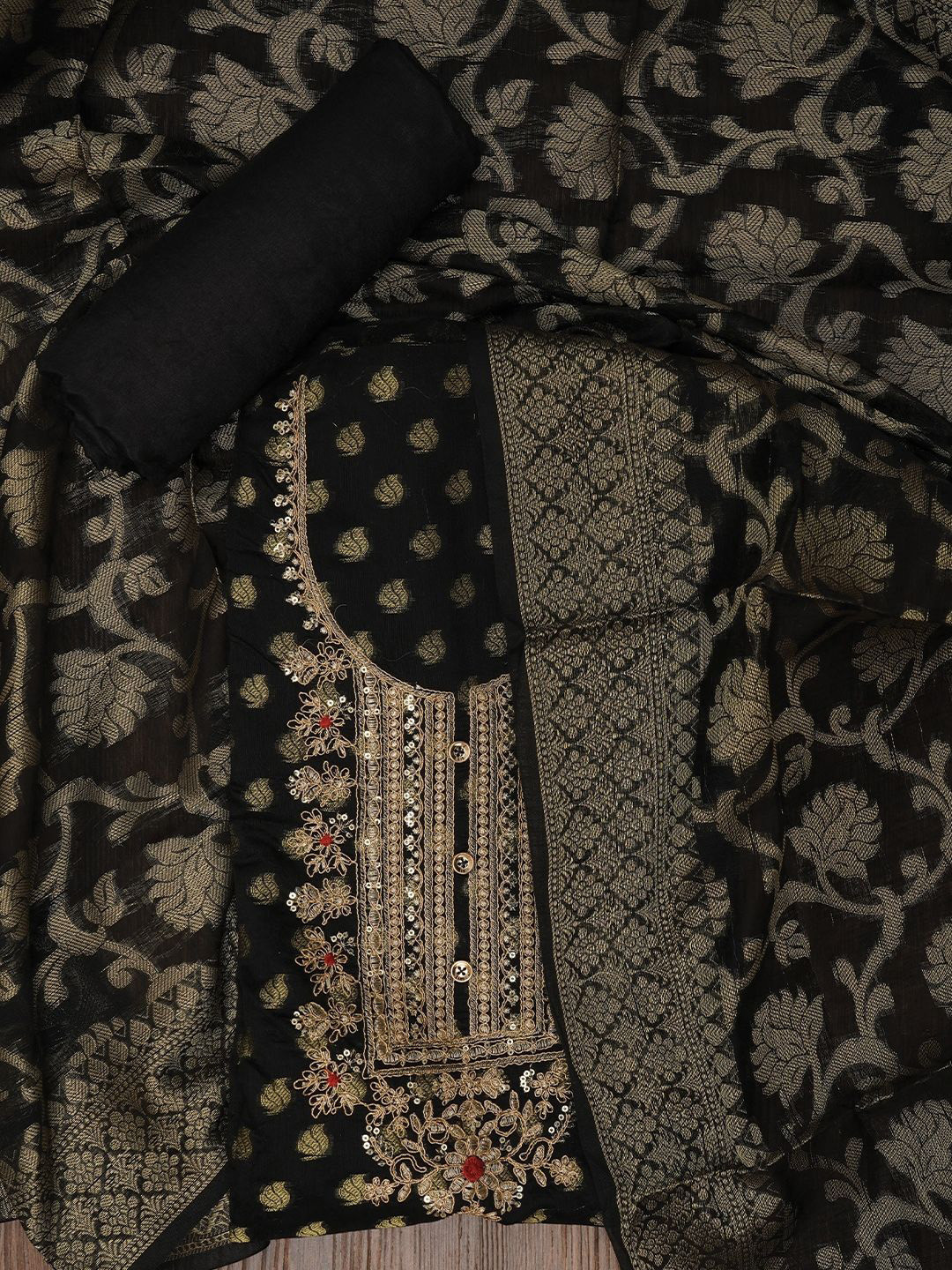 

Jaipur Kurti Zari Silk Blend Embellished Dress Material with Dupatta, Black
