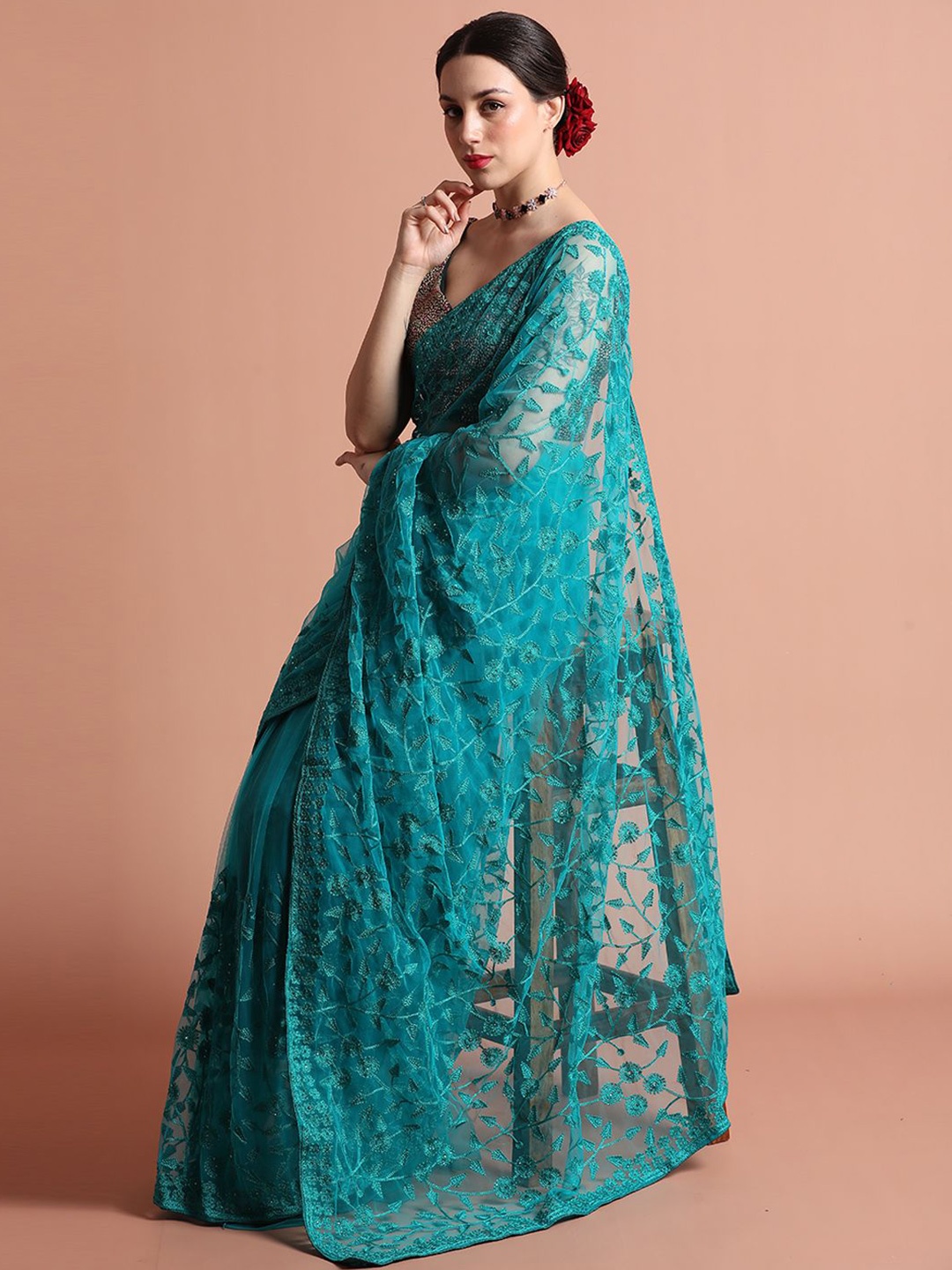 

Jaipur Kurti Party Wear Floral Embroidered Net Saree, Teal