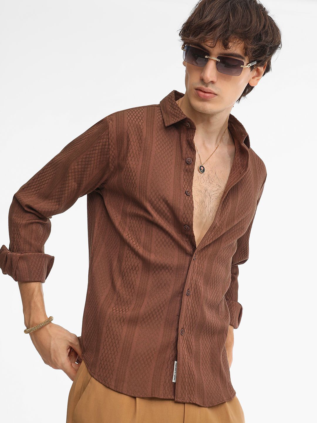 

Campus Sutra Men Comfort Spread Collar Textured Cotton Casual Shirt, Brown