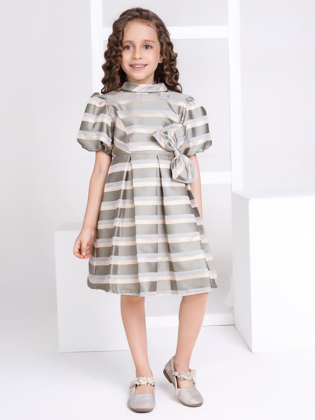 

Peppermint Girls Striped Bow Detail Fit & Flare Dress, Olive