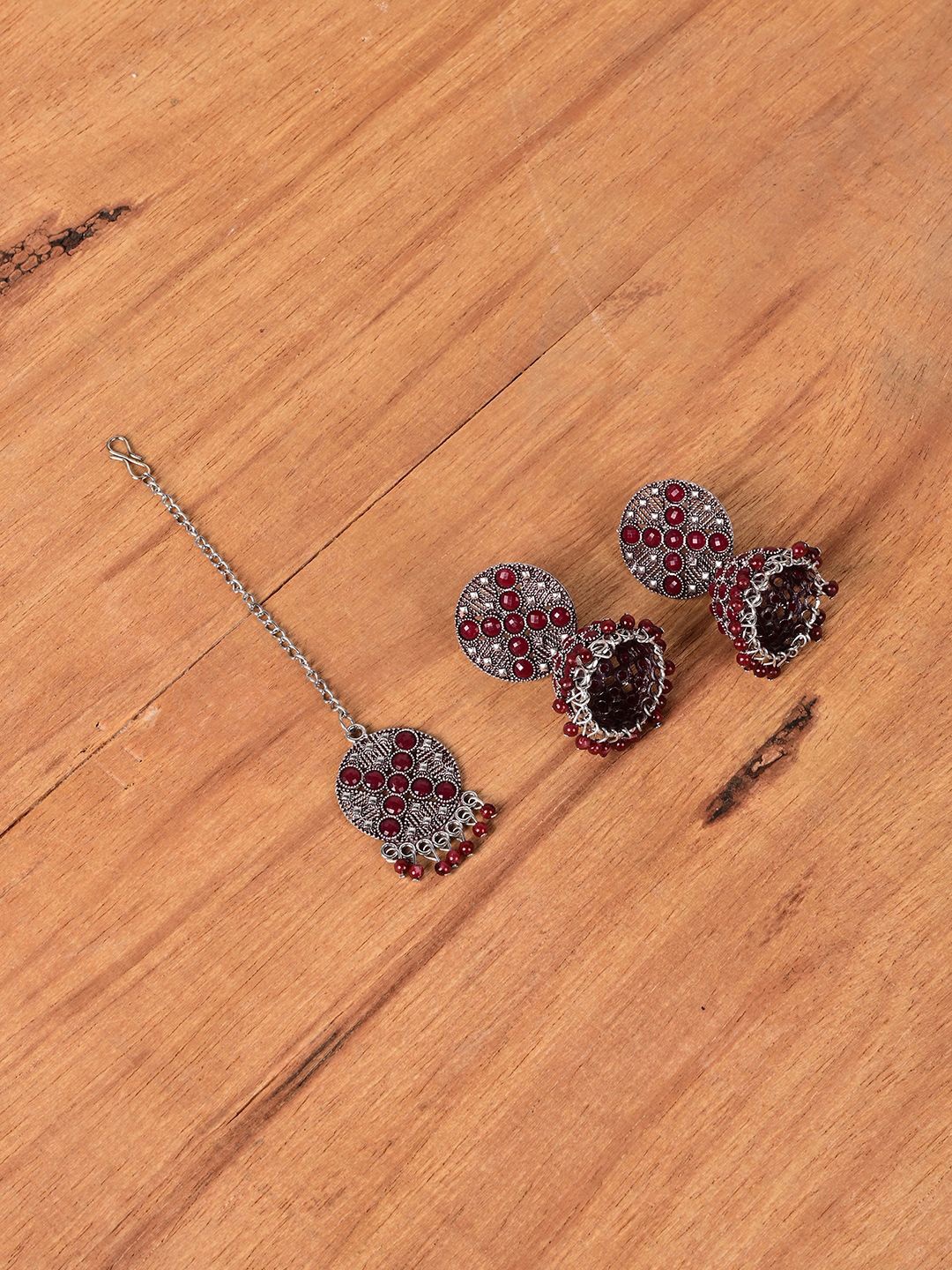 

Keviv Silver Plated Artificial Stones and Beads Dome Shaped Jhumkas with Mang Tika