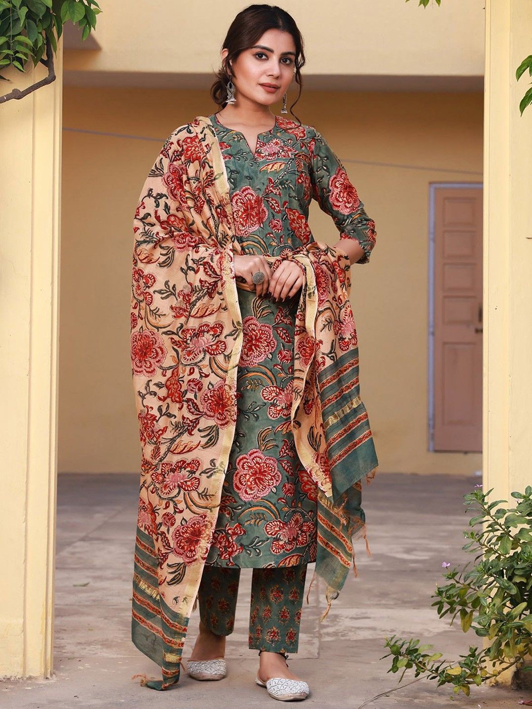 

Anni Designer Floral Printed Regular Straight Kurta with Trousers & Dupatta, Green