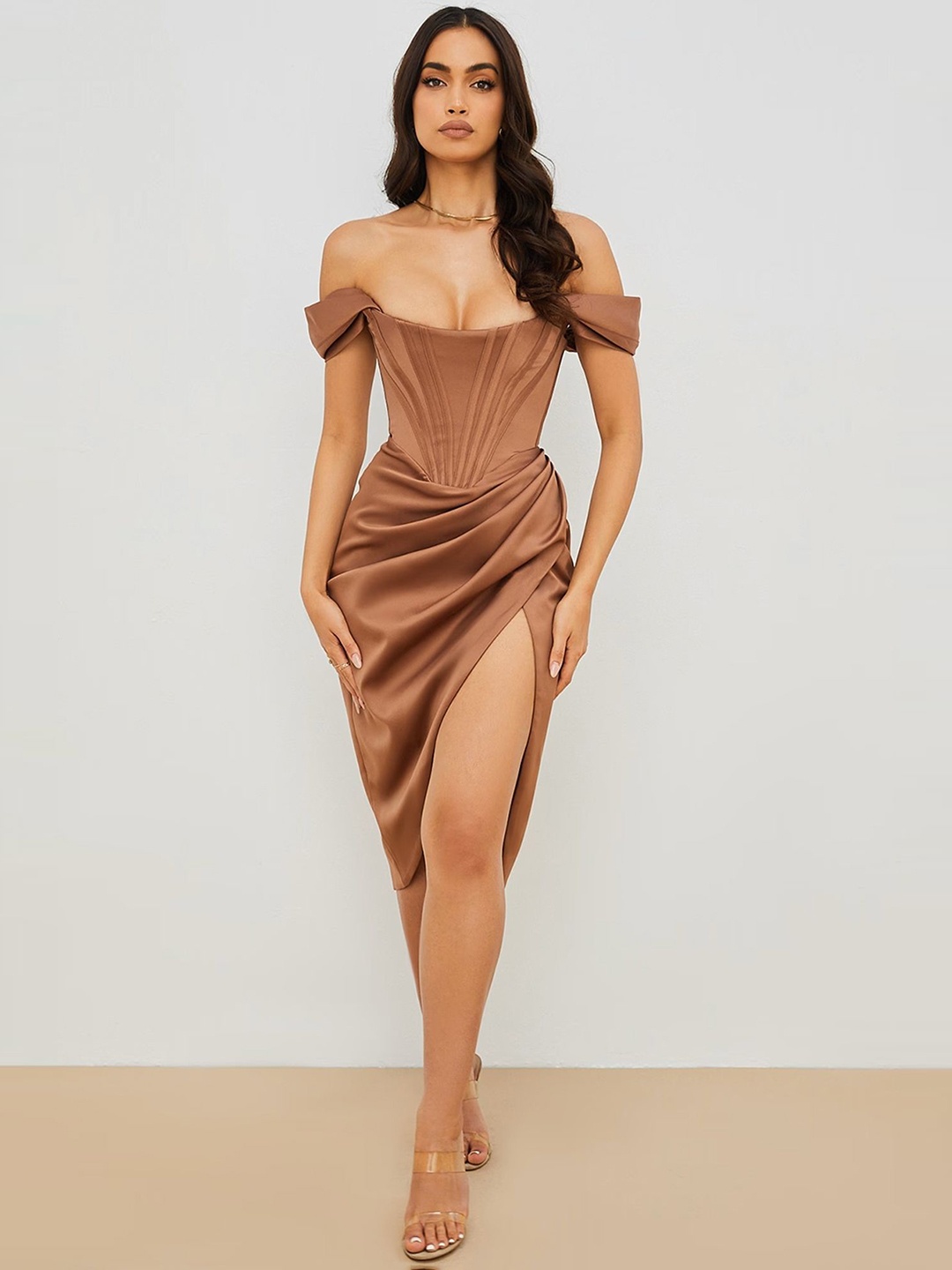 

LULU & SKY Women Solid Off-Shoulder Bodycon Knee Length Dress, Brown