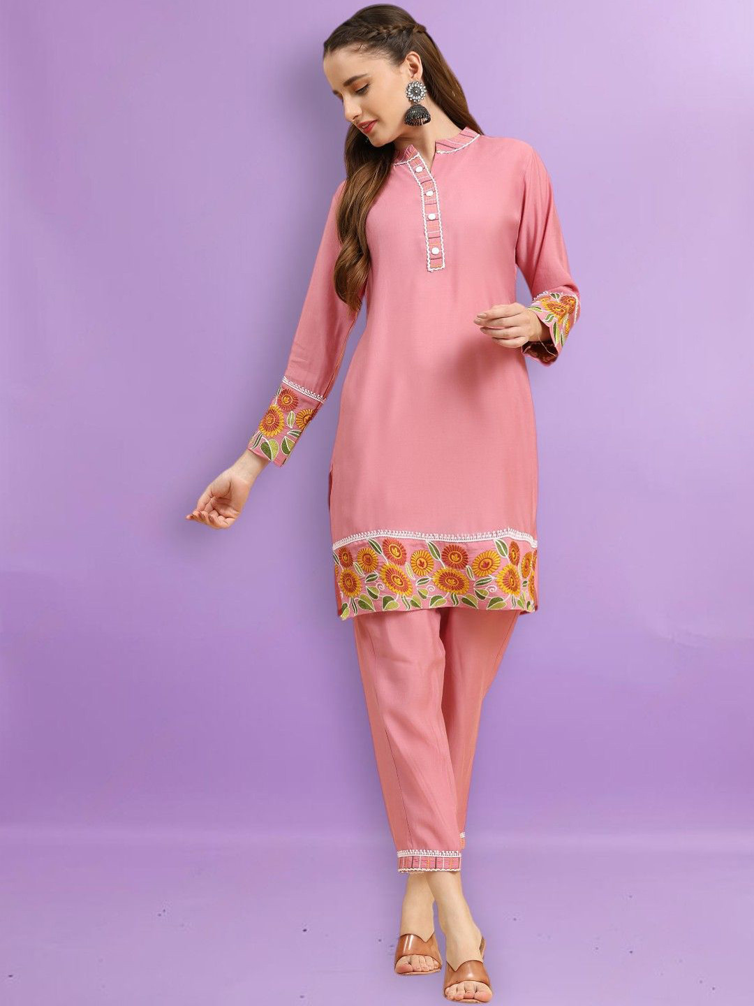 

Growish Floral Embroidered Mandarin Collar Top With Trousers, Pink