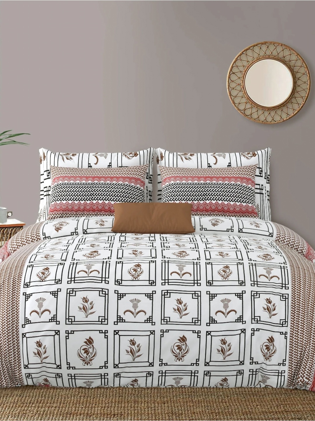 

LIVING ROOTS Cream-Coloured & Red Floral Cotton 210 TC King Bedsheet with 2 Pillow Covers