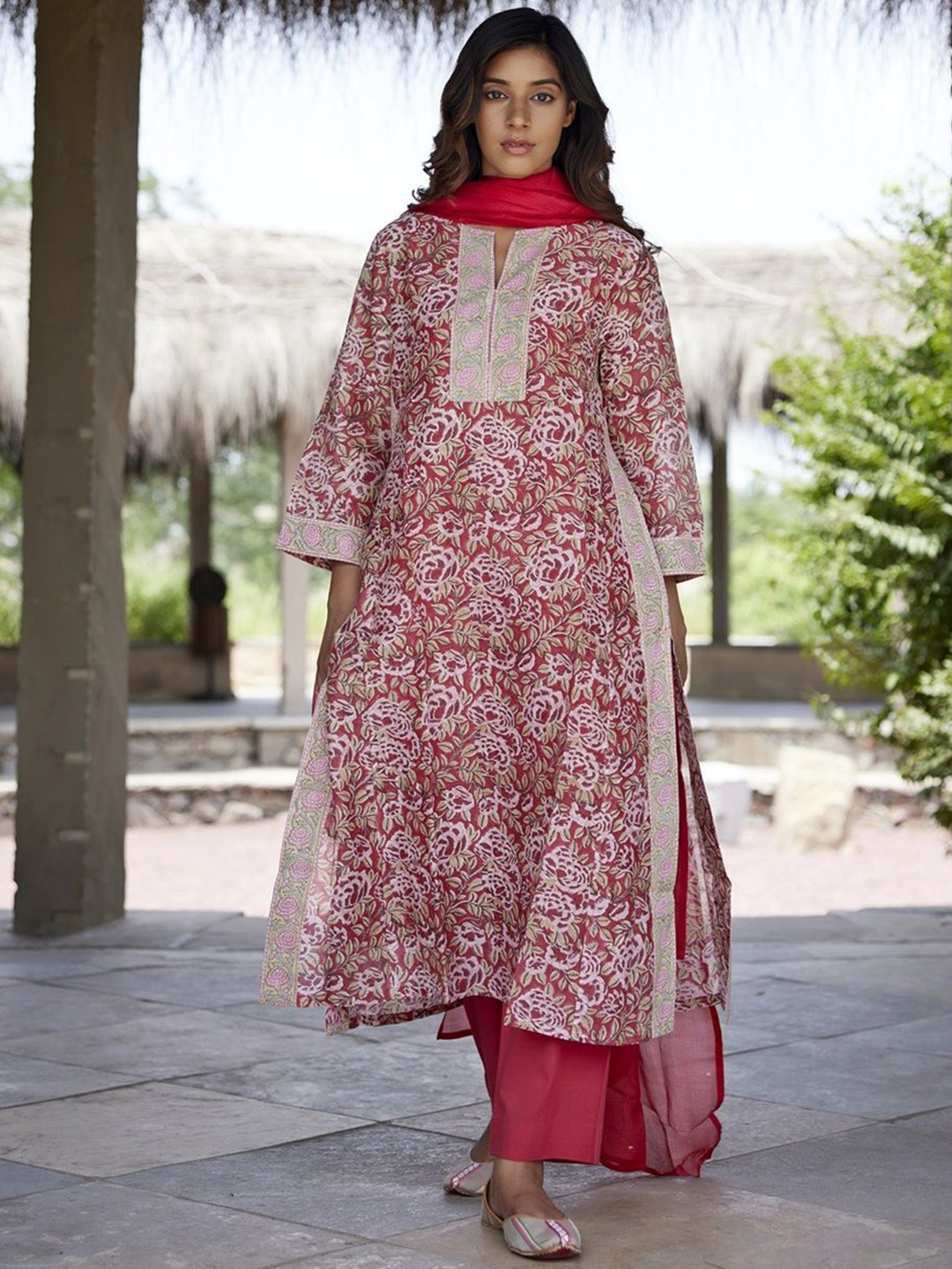 

JAIPURRANG Floral Printed Chanderi Silk Kurta, Red