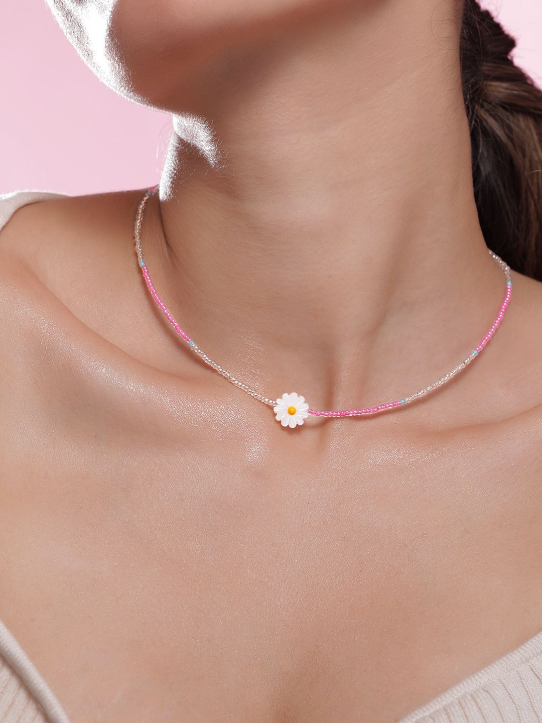 

Rubans Rhodium Plated Multicolor Beaded Necklace with Daisy Flower Pendant, Silver