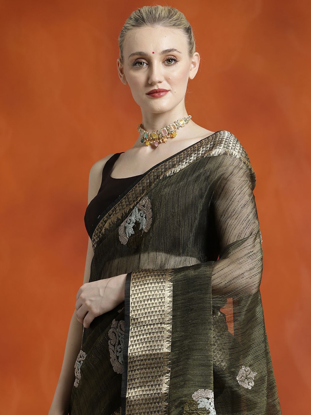 

Jaipur Kurti Zari Woven Party Wear Organza Saree, Olive