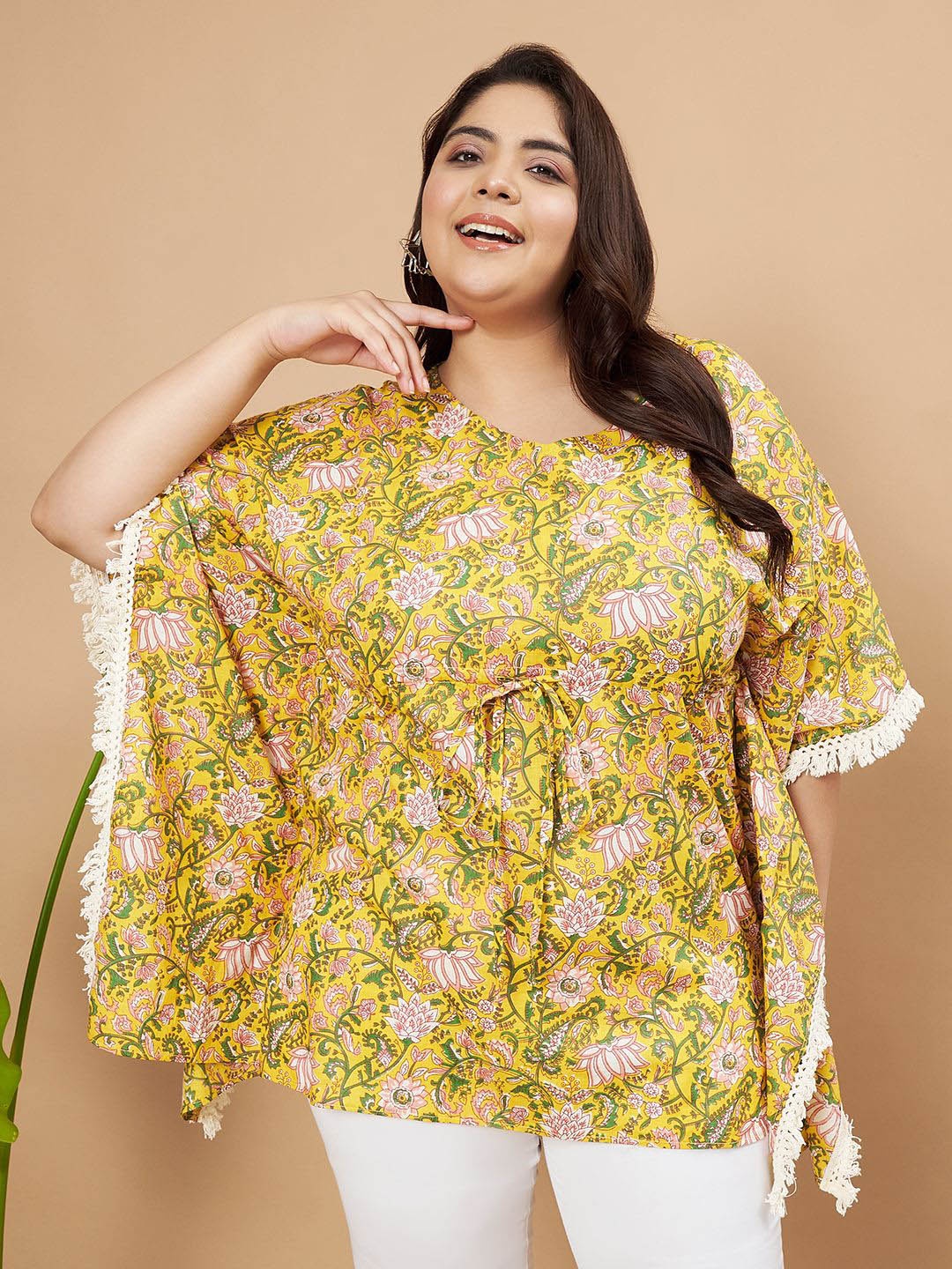 

MOOBA Women Floral Printed Cotton Kaftan Plus Size Top, Yellow