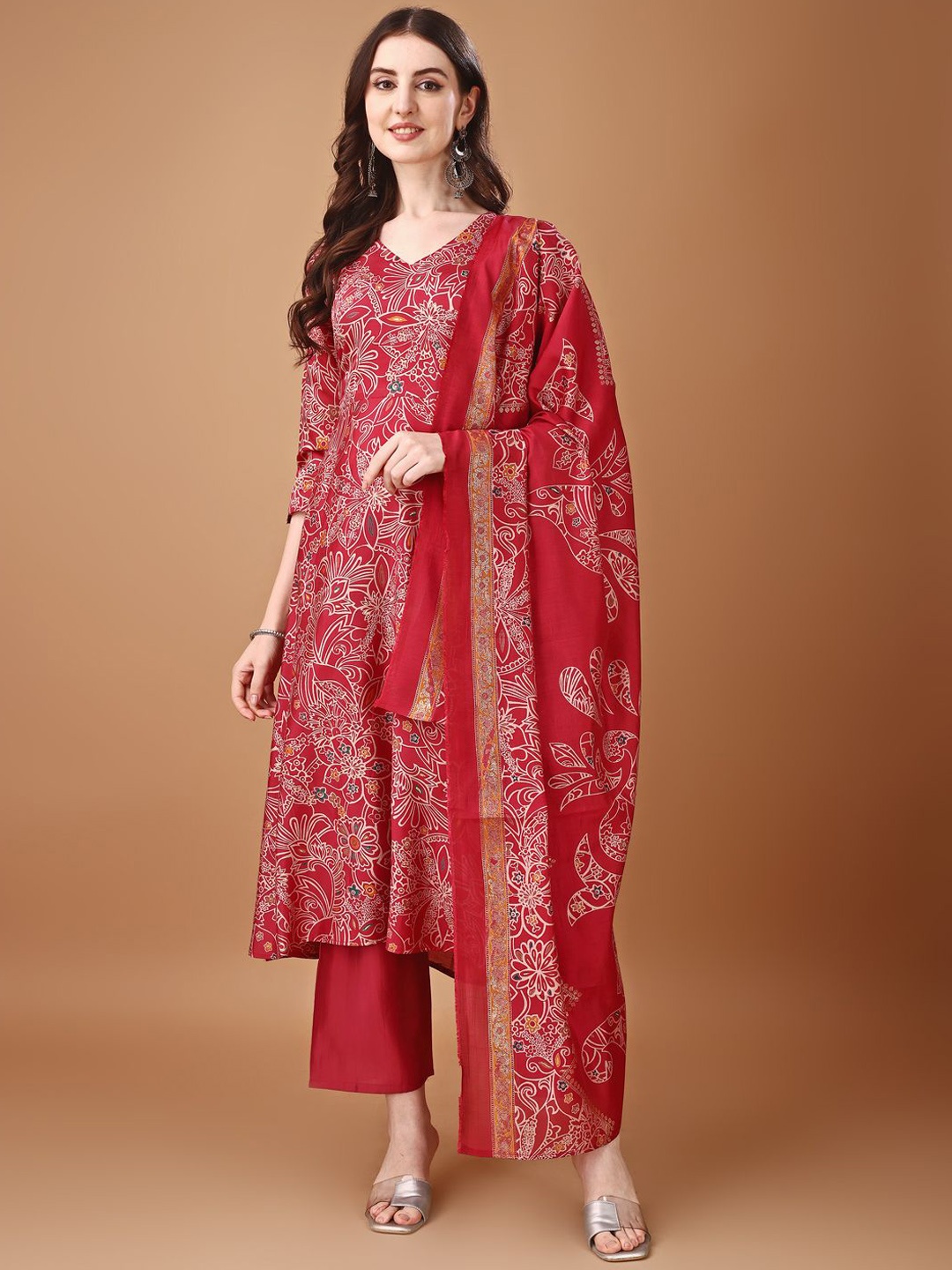 

KALINI Floral Printed V Neck A-Line Kurta With Trousers & Dupatta, Pink