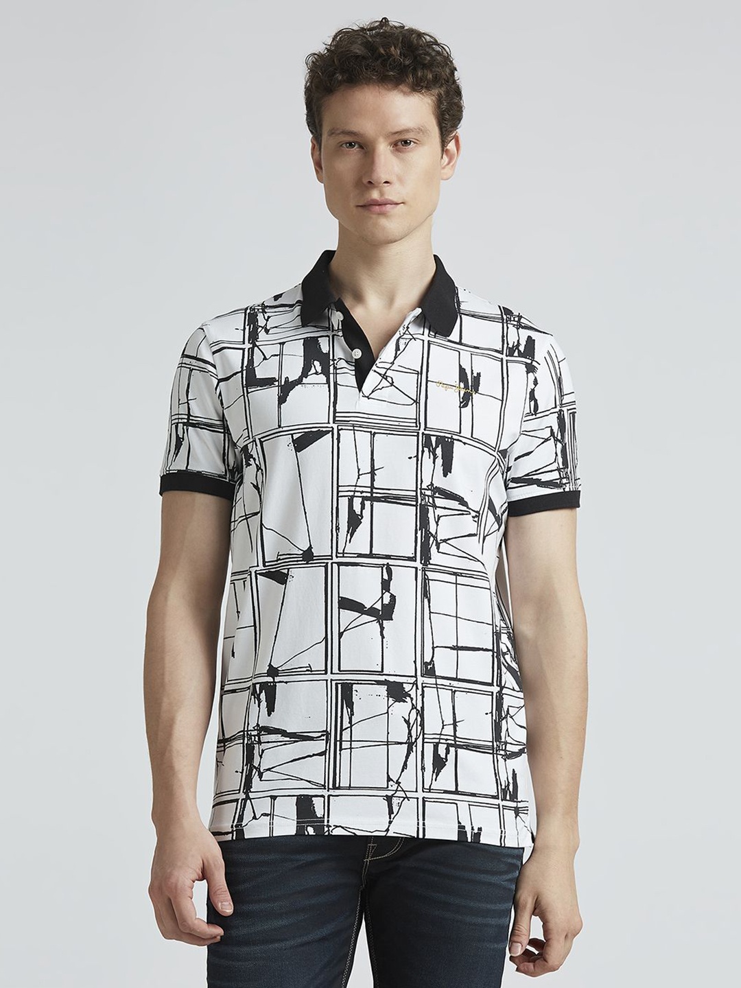 

Pepe Jeans Men Abstract Printed Polo Collar Cotton T-shirt, Black