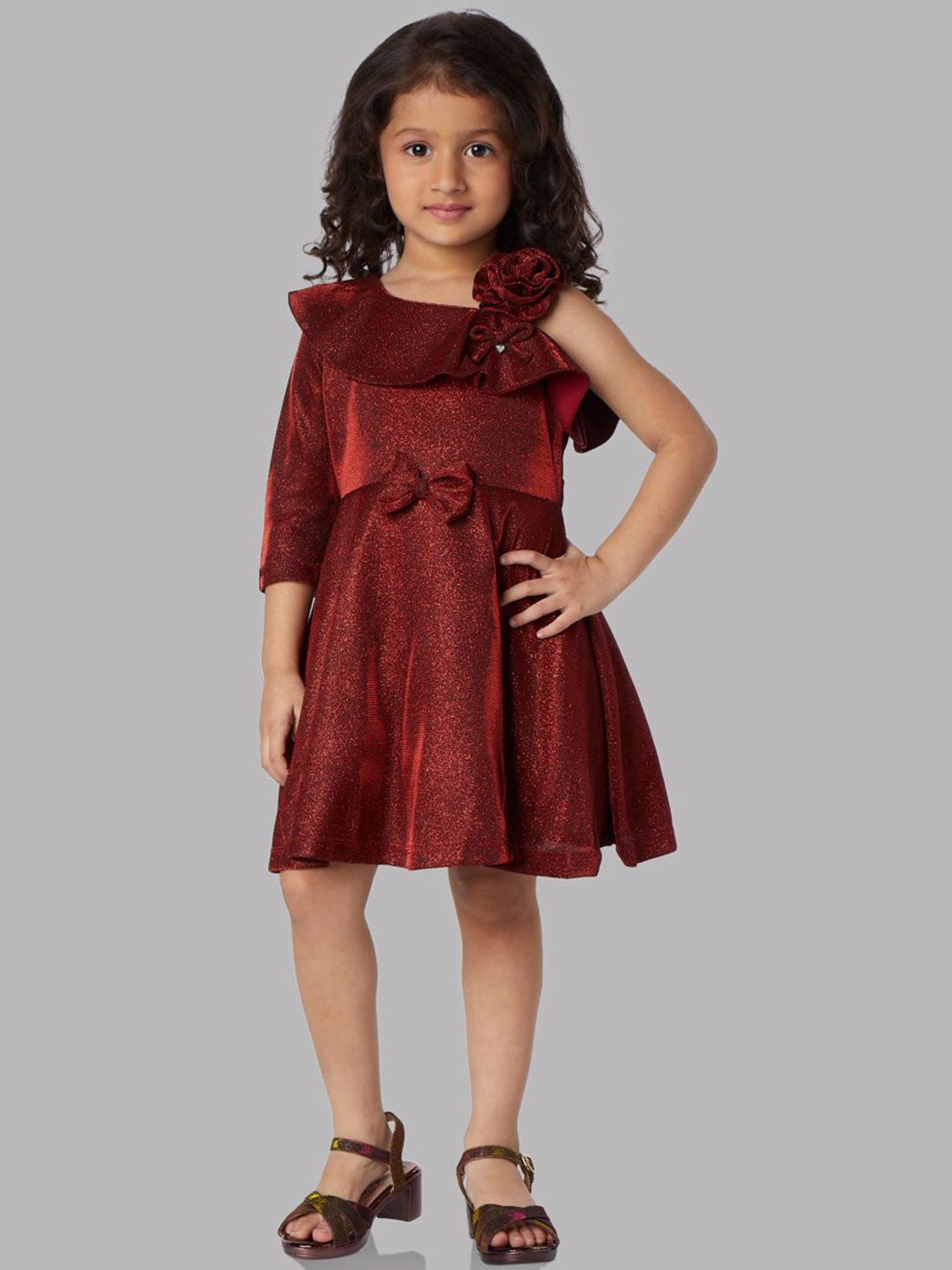 

Peppermint Girls One Shoulder Net Fit and Flare Dress, Maroon