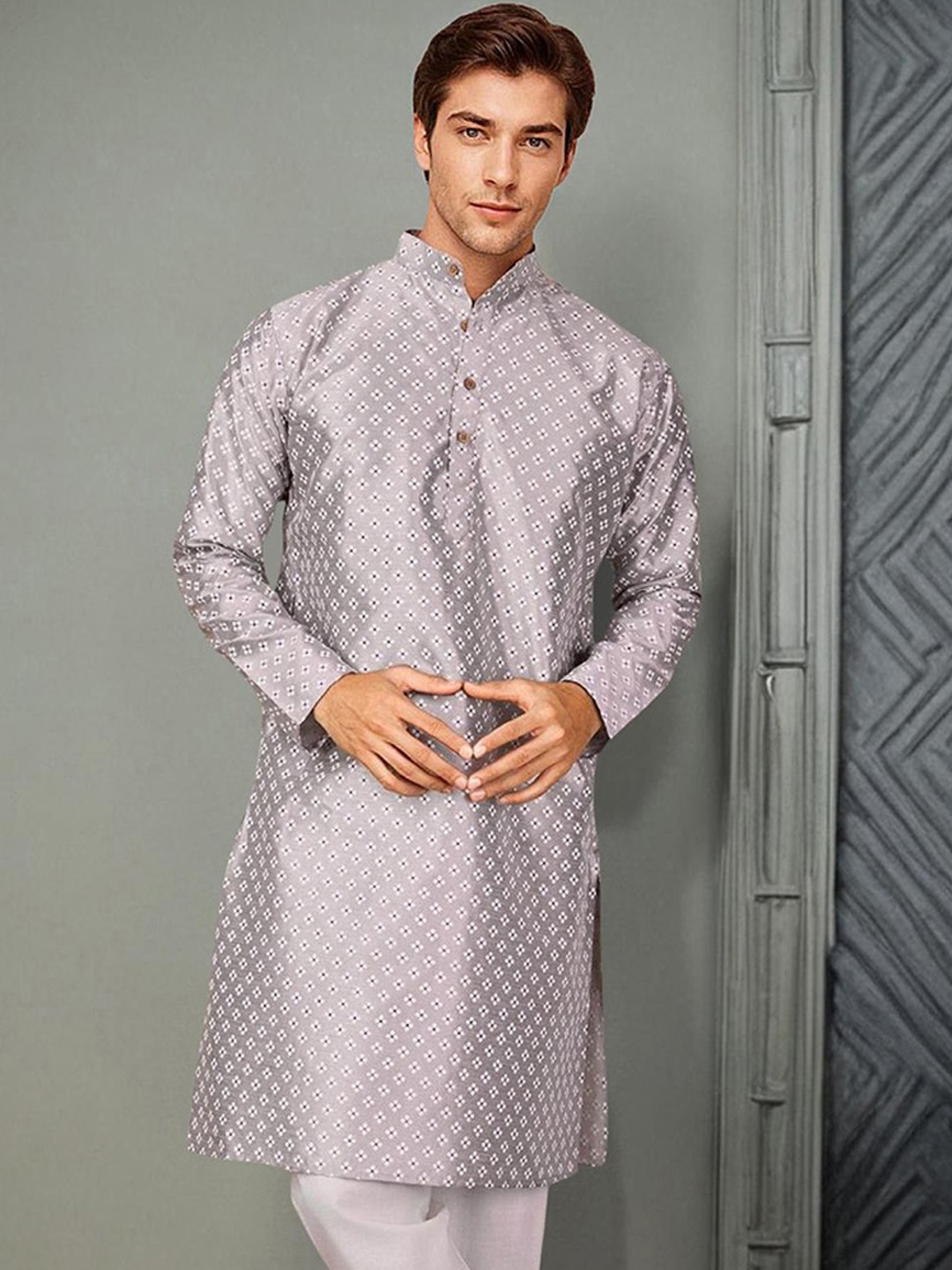 

Anouk Geometric Printed Mandarin Collar Regular Kurta With Pyjama, Grey