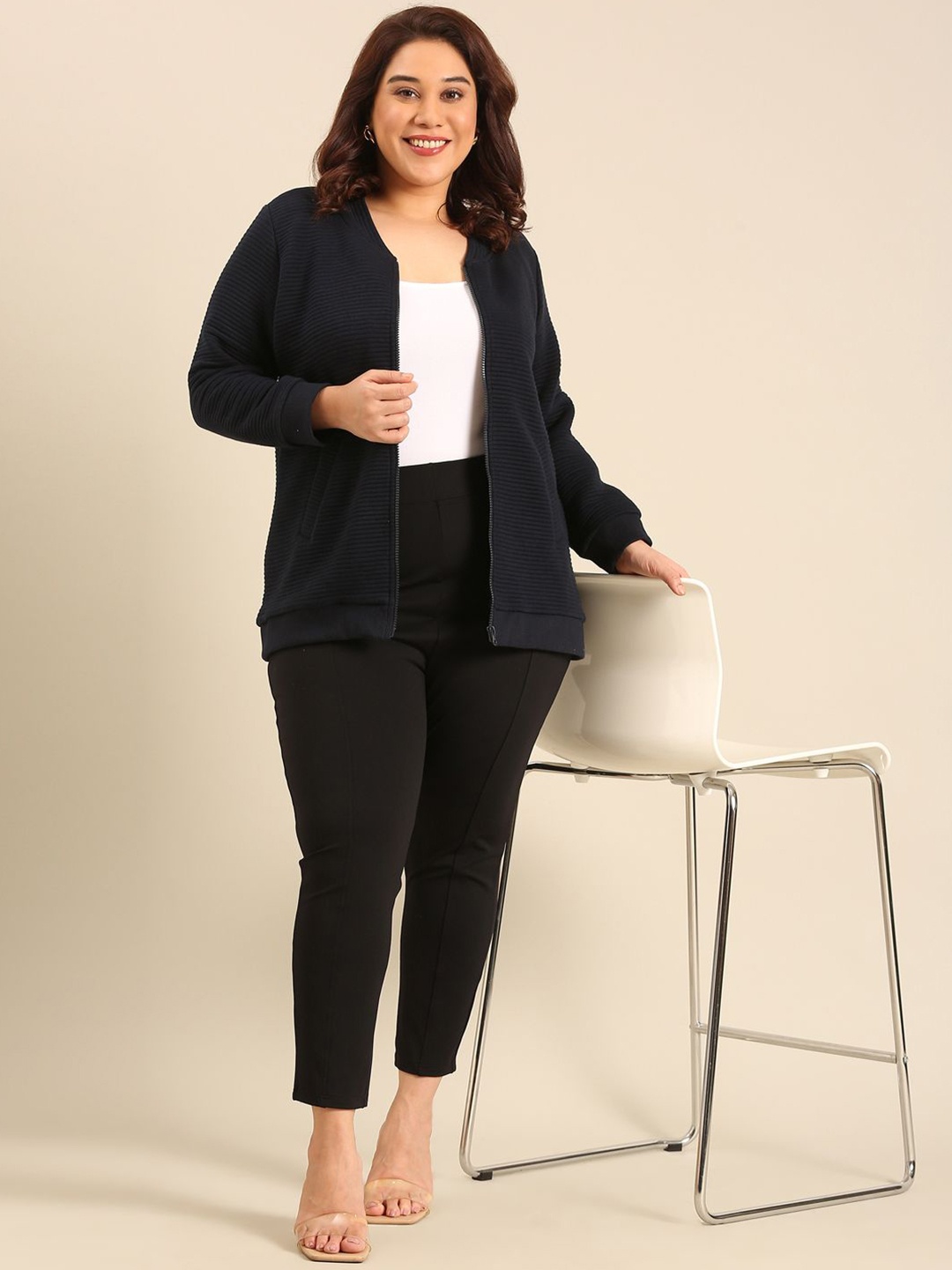 

The Pink Moon Women Plus Size Striped Longline Open Front Jacket, Navy blue