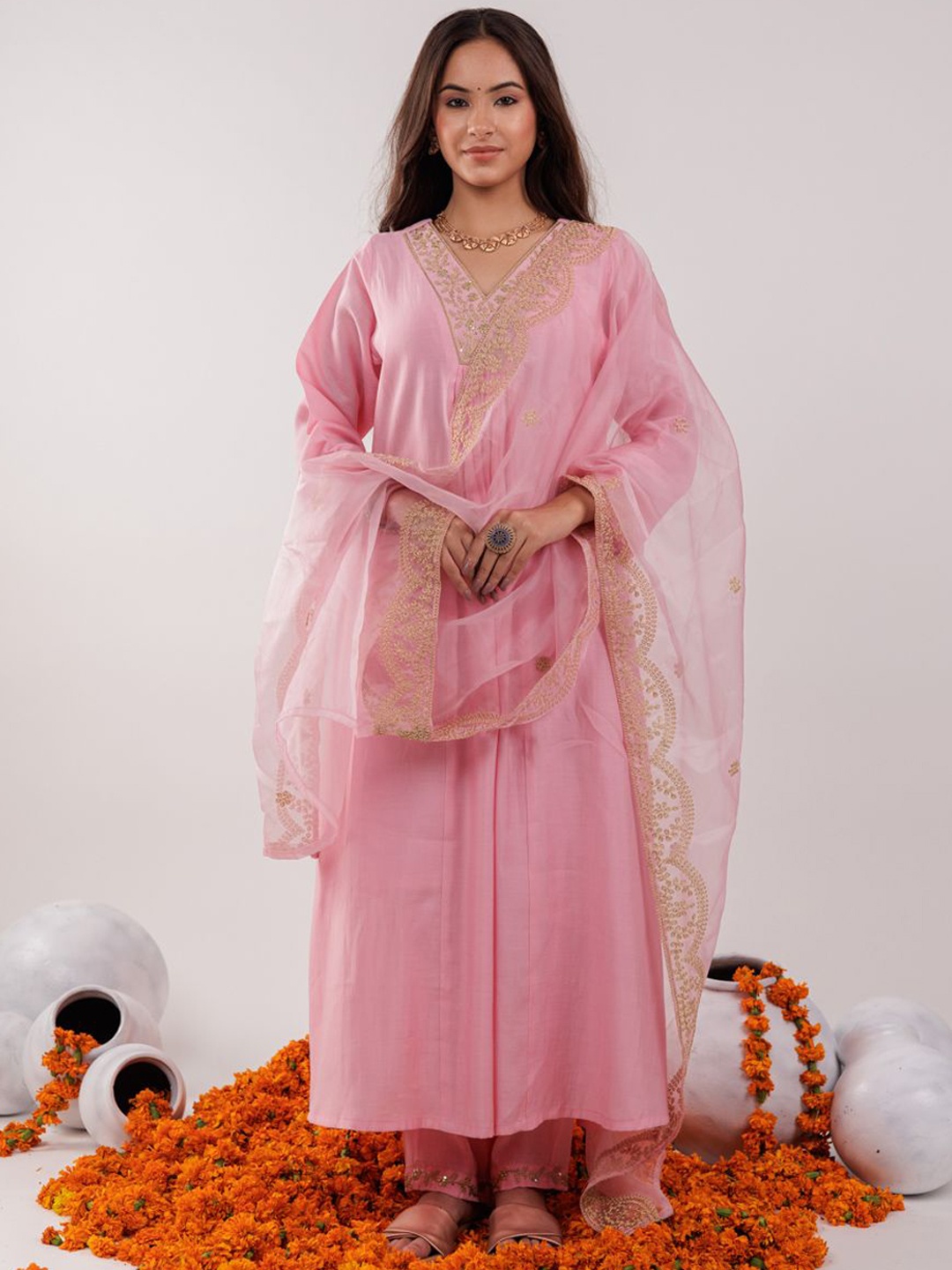 

Yufta Pink Floral Yoke Design Embroidered V-Neck Zari A-Line Kurta With Trouser & Dupatta