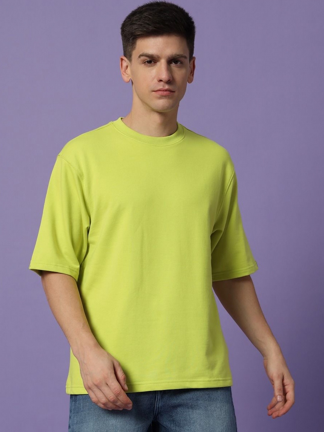 

PockMAN Men Bio Finish Solid Round Neck Pure Cotton Oversized T-shirt, Lime green