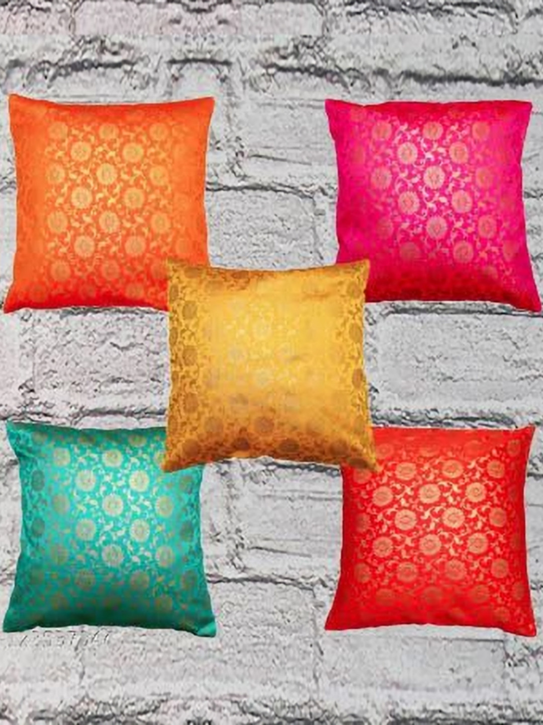 

Pink Parrot Red & Green 5 Pieces Ethnic Motifs Square Cushion Covers