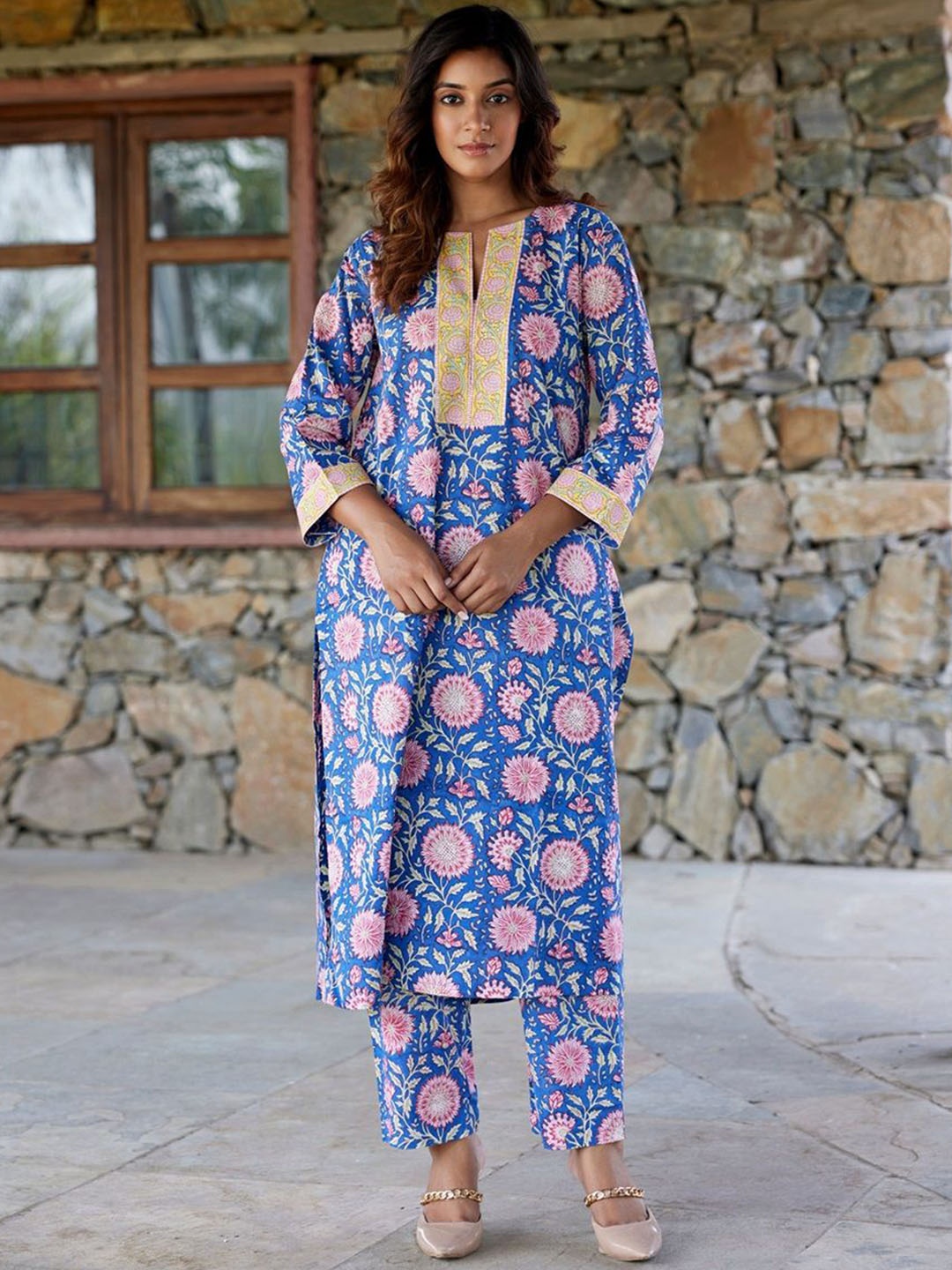 

JAIPURRANG Floral Printed Pure Cotton Straight Kurta, Blue
