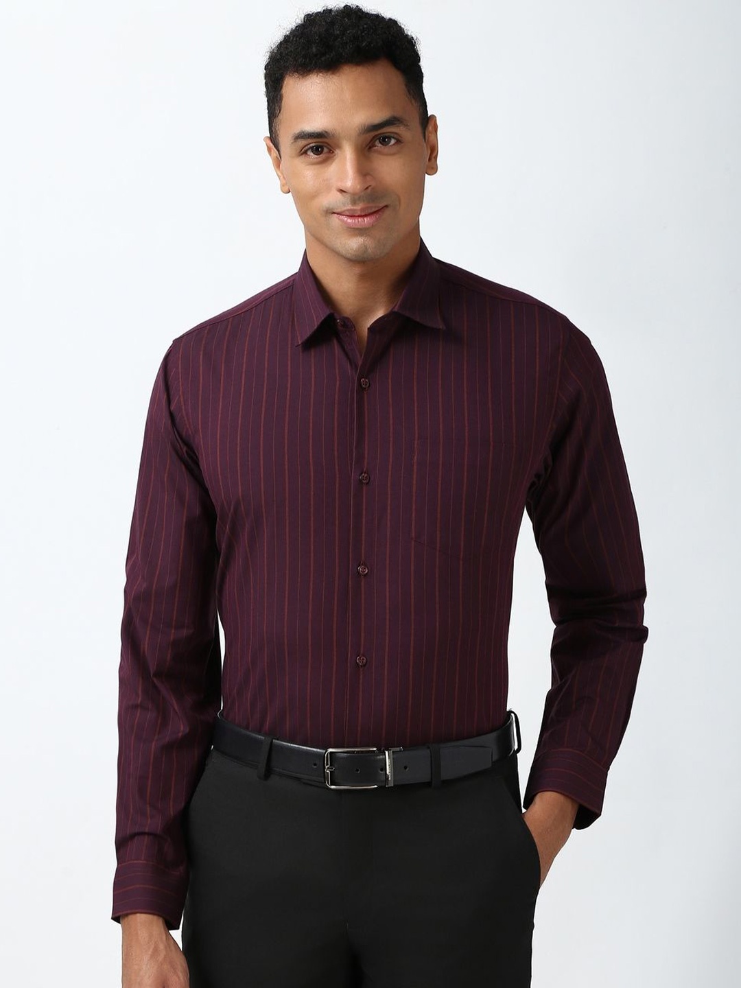

Peter England Men Slim Fit Opaque Striped Formal Shirt, Purple