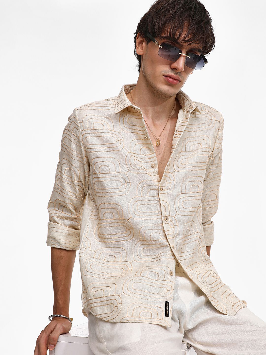 

Campus Sutra Men Comfort Spread Collar Textured Casual Shirt, Beige