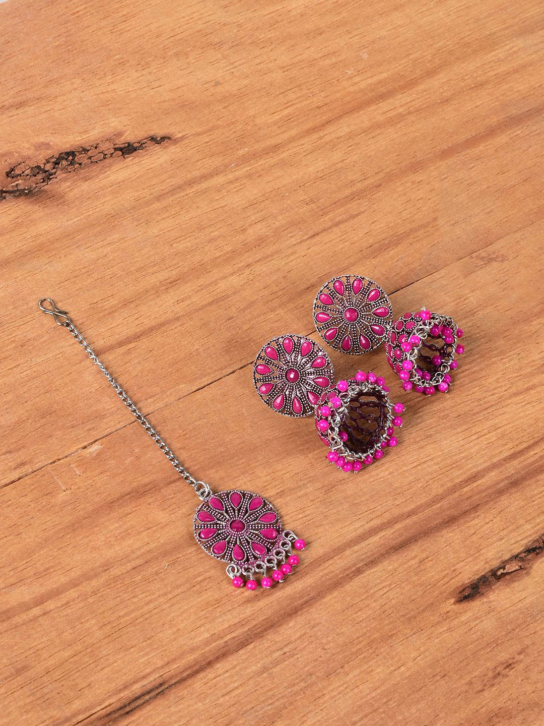 

Keviv Silver-Plated Maang Tika & Earrings Jewellery Set, Pink