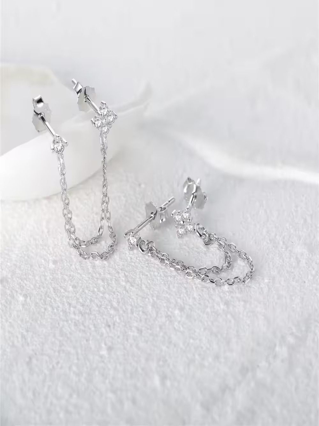 

Silverfied Sterling Silver Rhodium-Plated Double CZ Double Chain Connector Drop Earrings