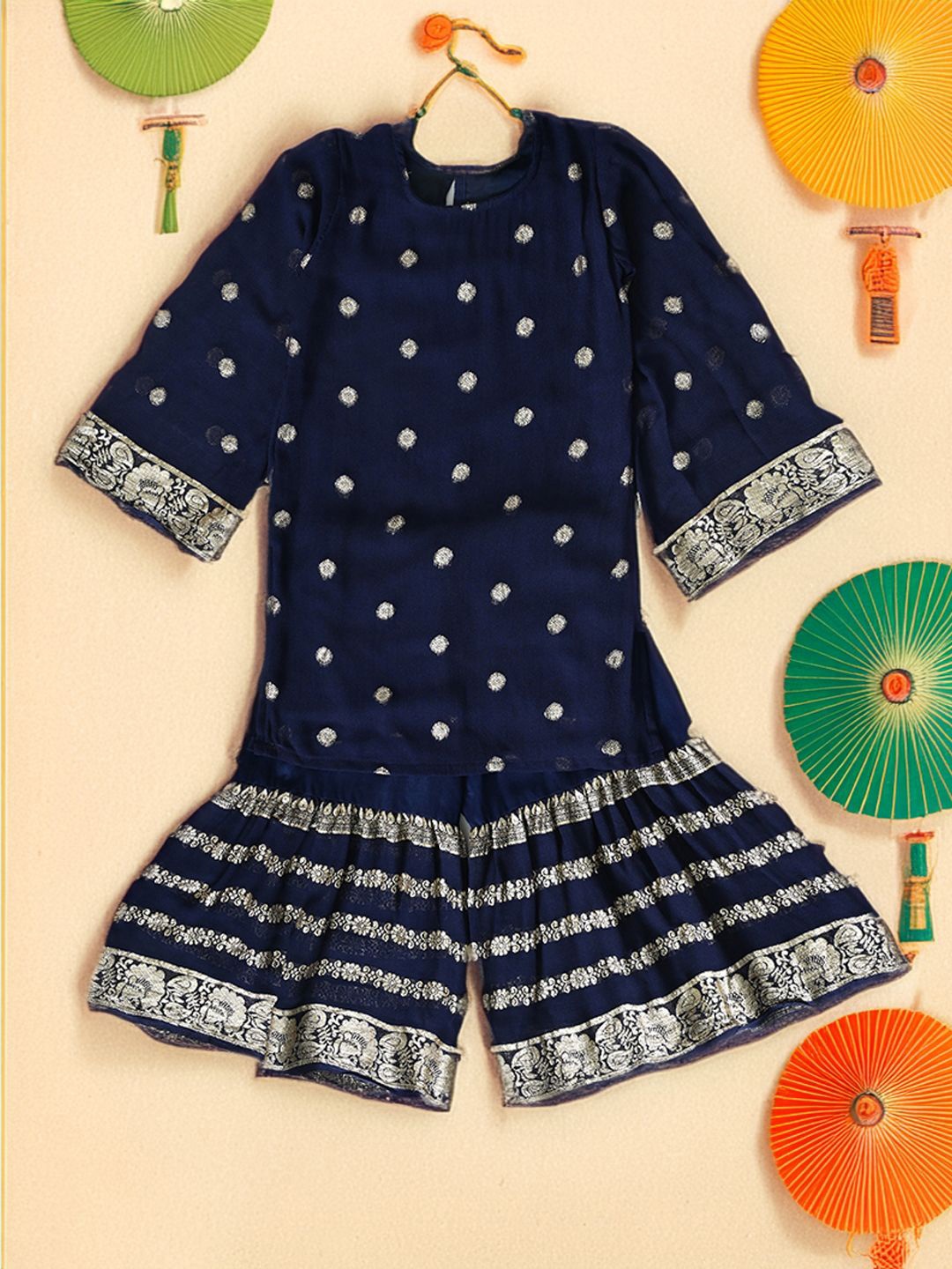

Bella Moda Girls Ethnic Motifs Woven Design Silk Crepe Kurti with Sharara, Blue